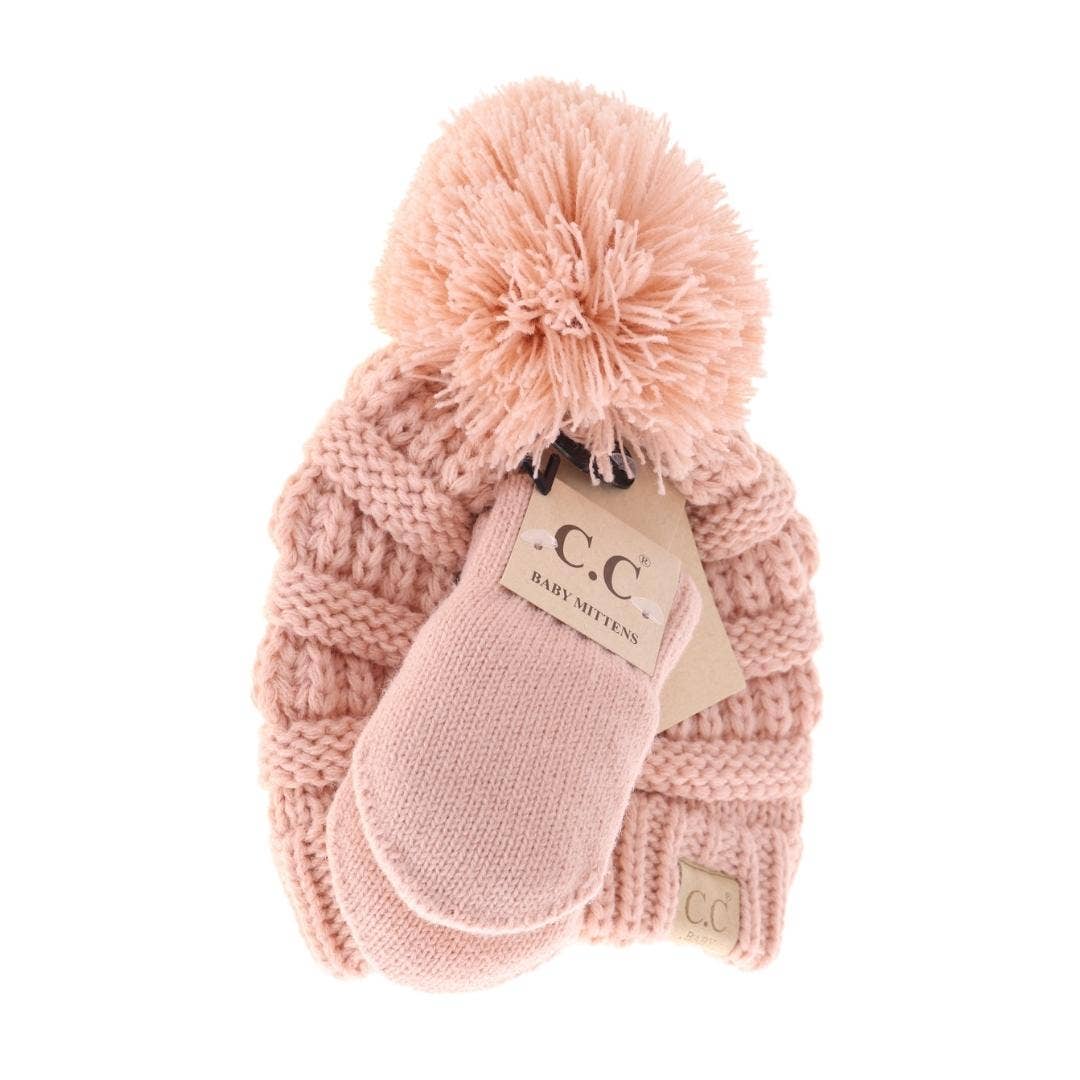 C.C Beanie Beanie Beige C.C Baby Pom Beanie & Mitten Set