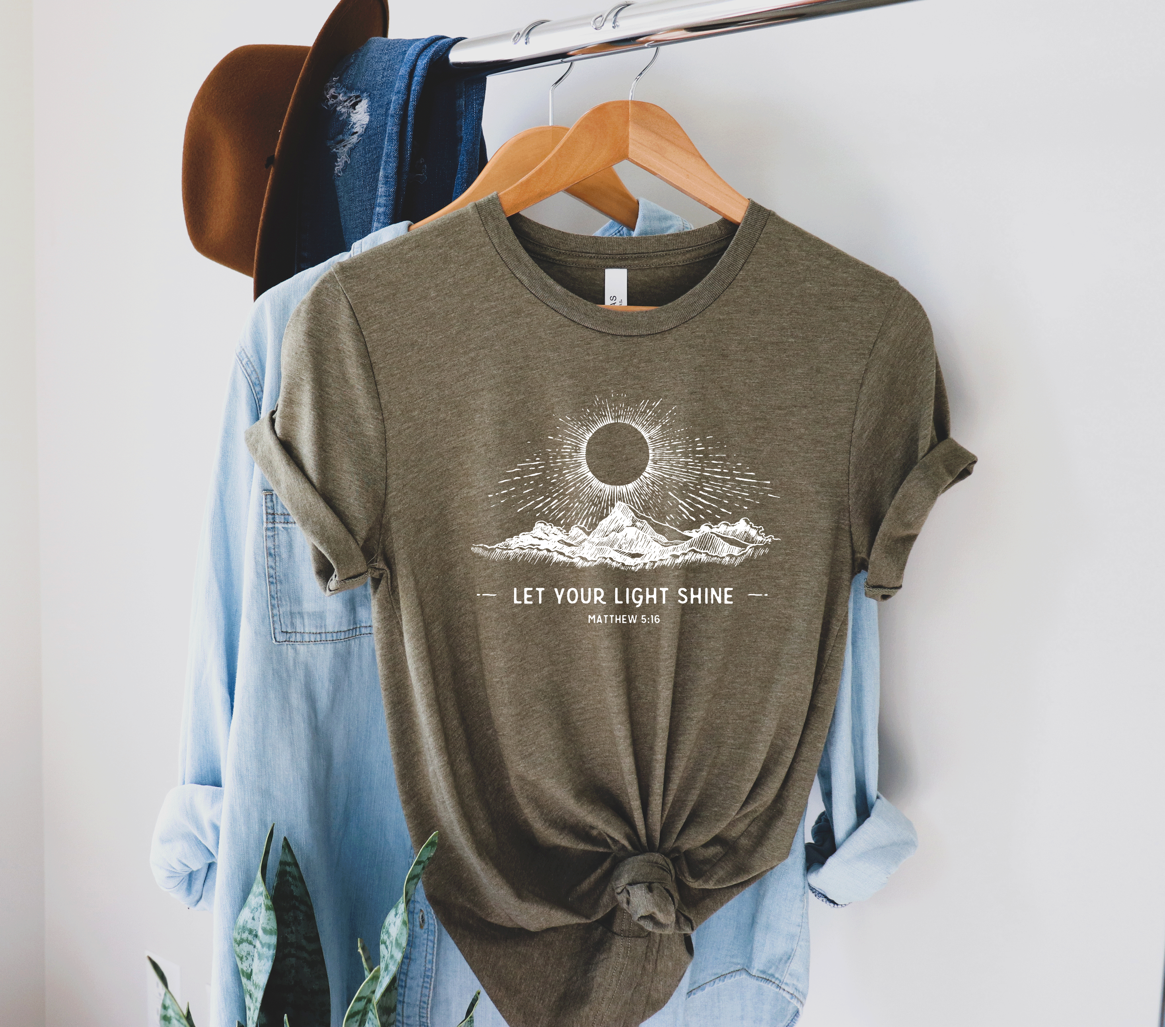 Radiant Faith Tee - 'Let Your Light Shine' - Matthew 5:16: Olive / 52% airlume combed and ringspun cotton / 48% polyester / Extra Large