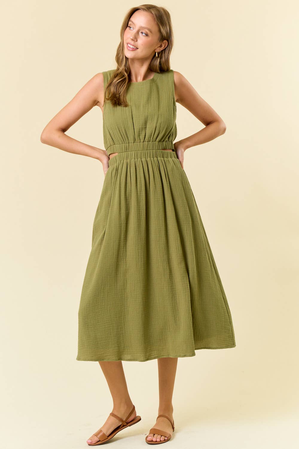 CUT-OUT WAIST MIDI DRESS W/ SIDE POCKET - 27920D: CORAL / S
