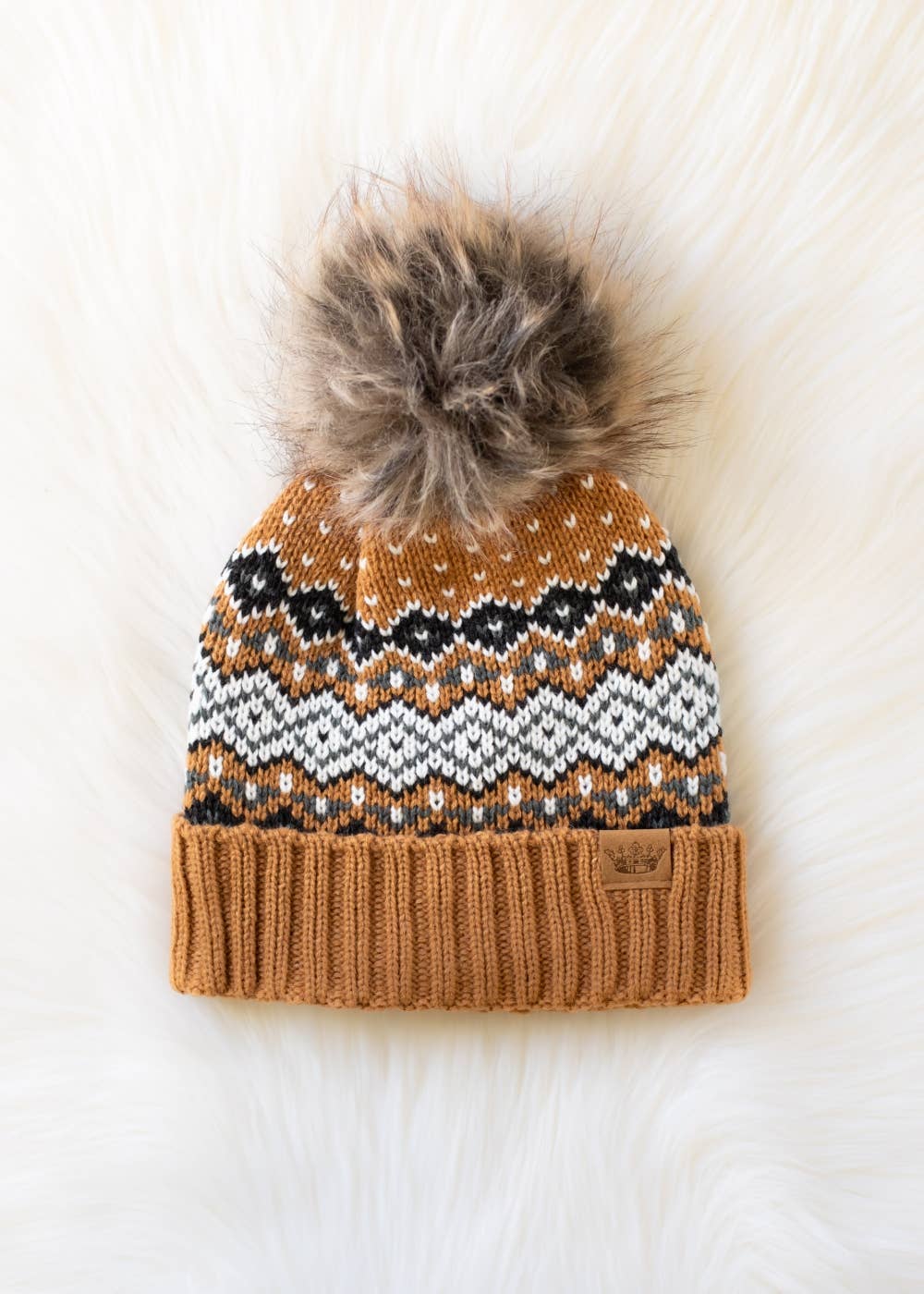 Panache Apparel Co. Beanie Camel, Black, White & Blue Patterned Pom Hat