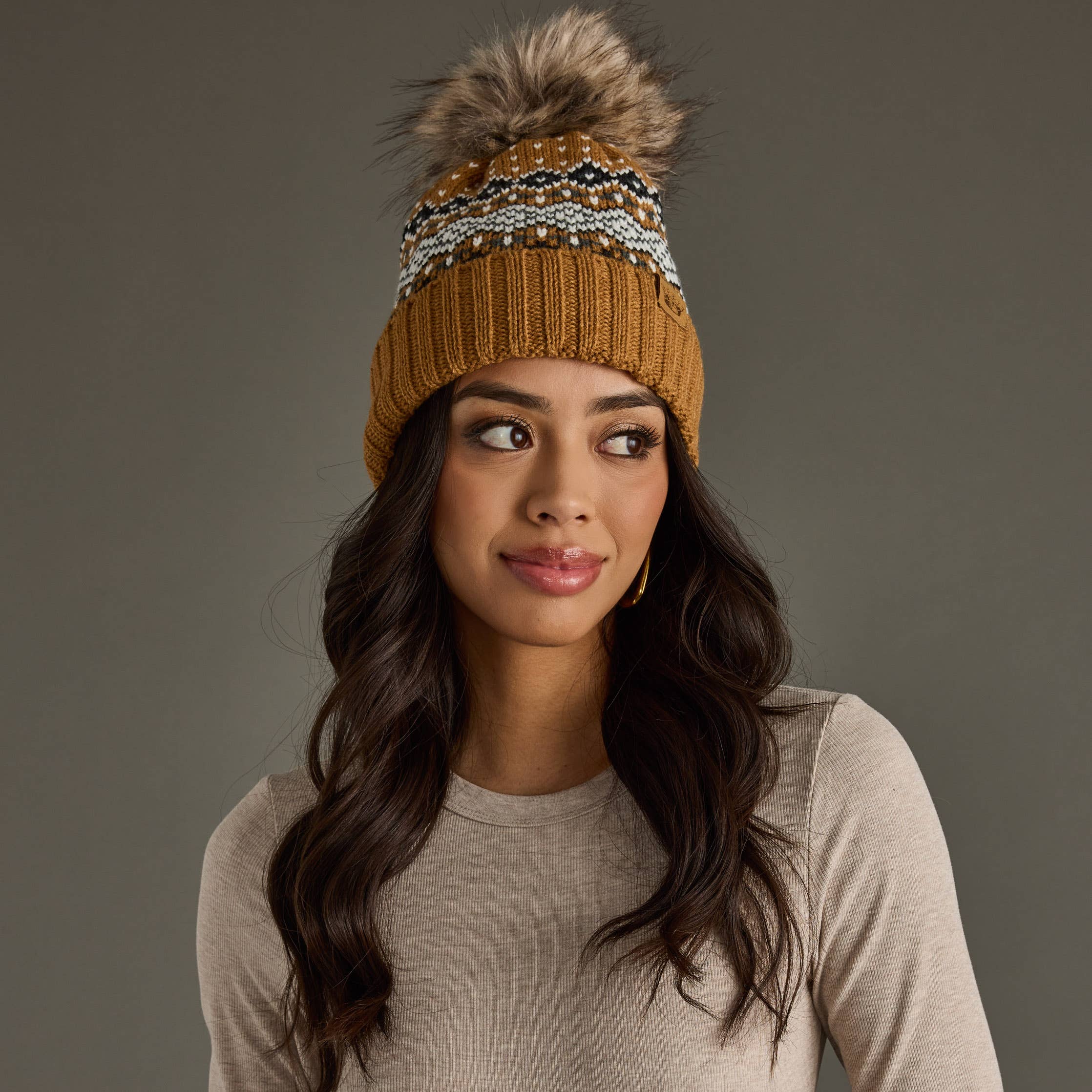 Panache Apparel Co. Beanie Camel, Black, White & Blue Patterned Pom Hat