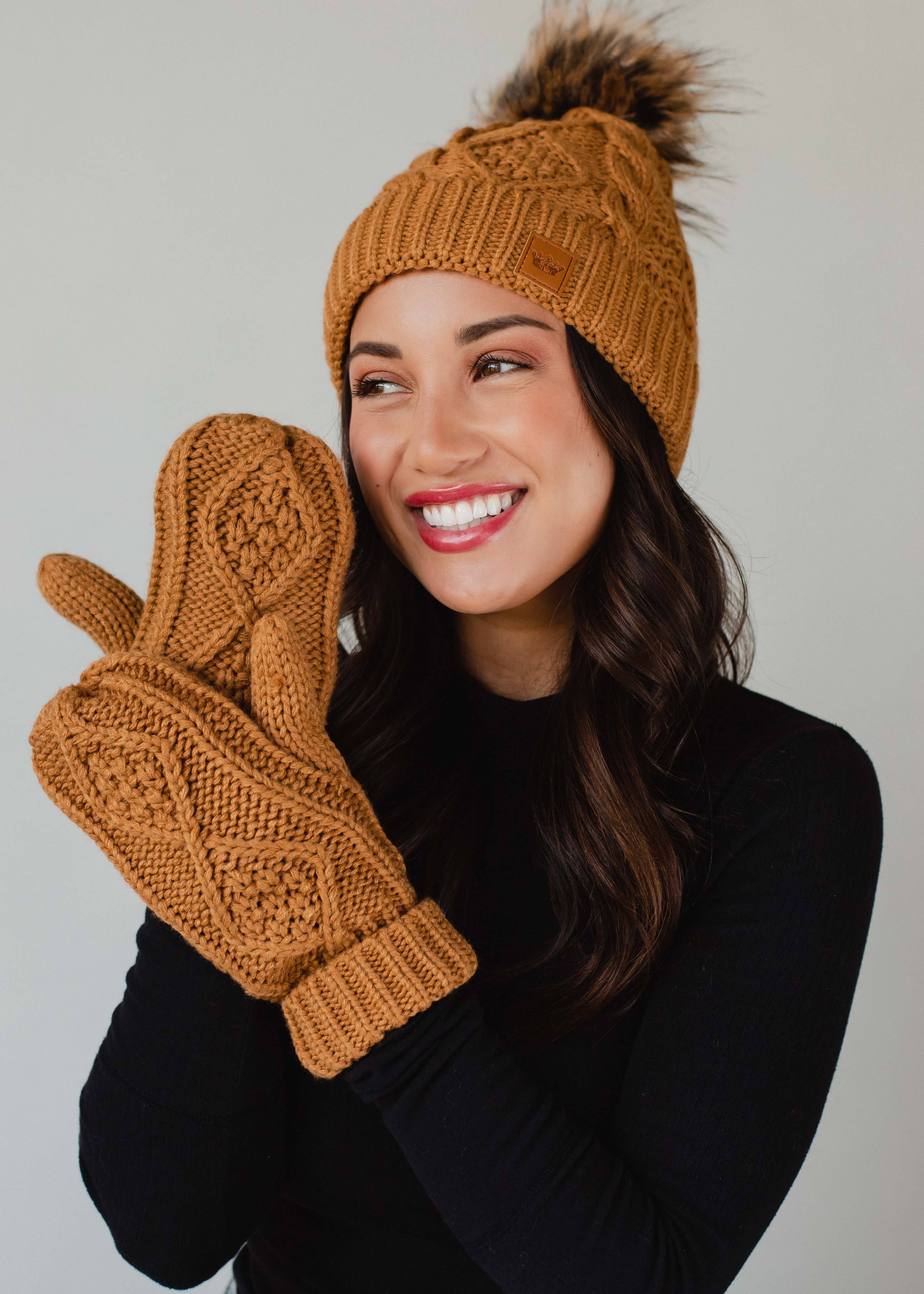 Camel Cable Knit Mittens