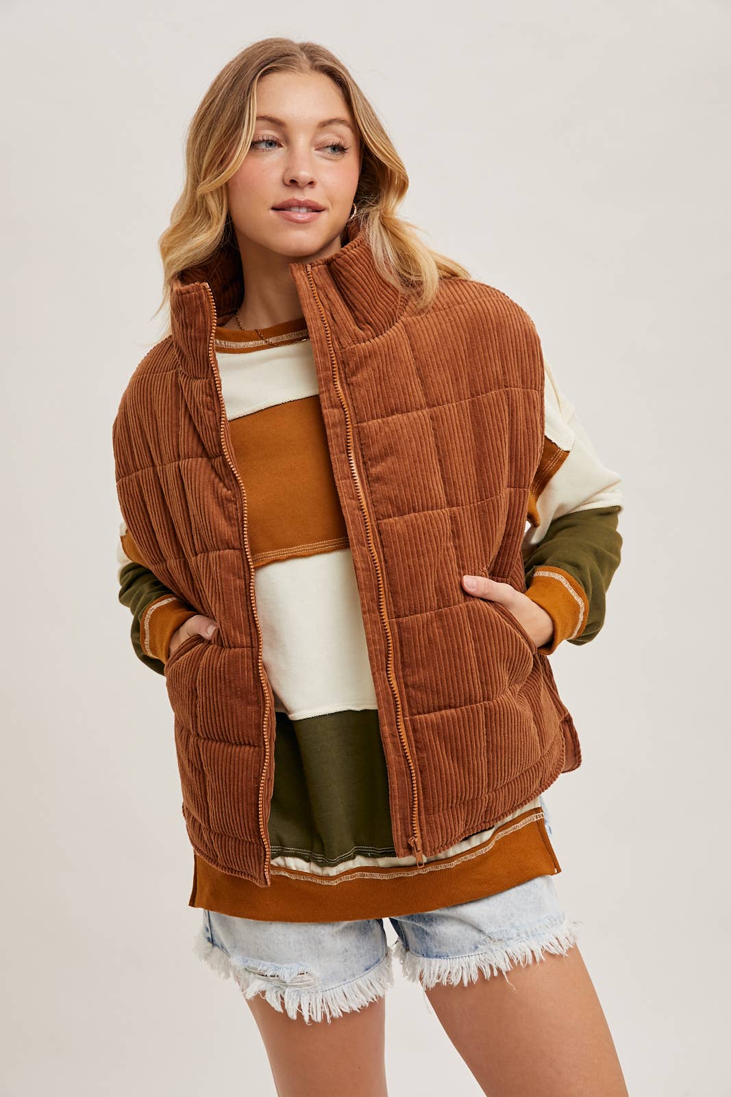 Camel Corduroy Quilted Puffer Vest