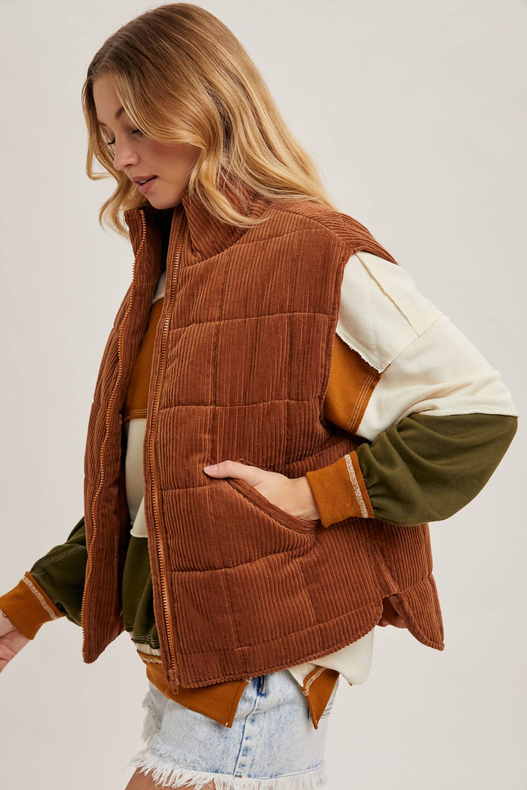 Camel Corduroy Quilted Puffer Vest