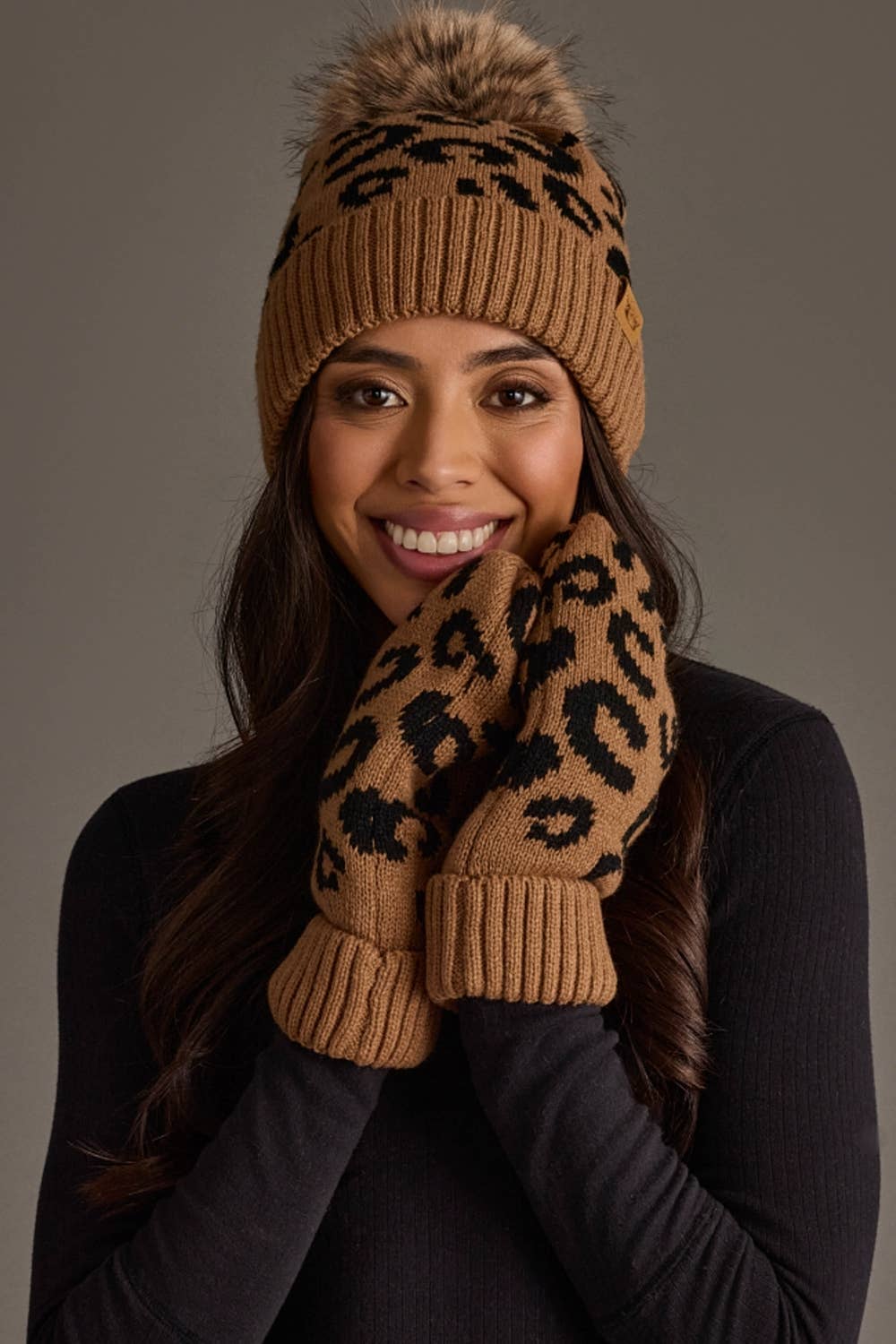 Panache Apparel Co. Mittens Camel Leopard Pattern Knit Mittens