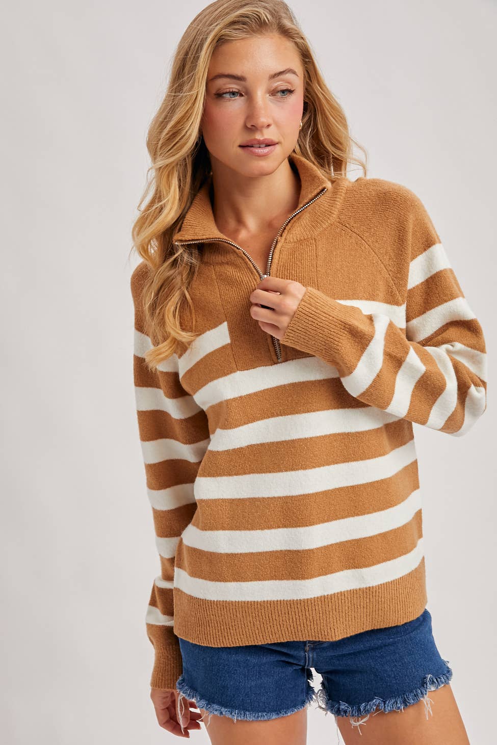 Camel Striped Half Zip Sweater