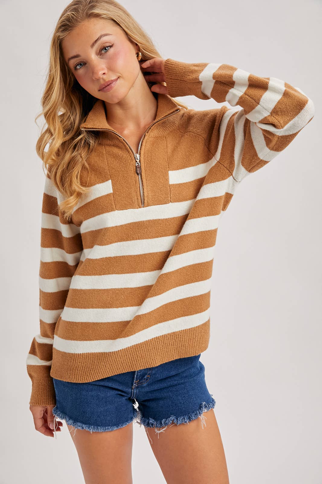 Camel Striped Half Zip Sweater