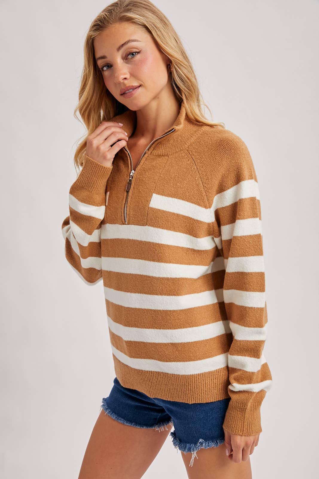 Camel Striped Half Zip Sweater