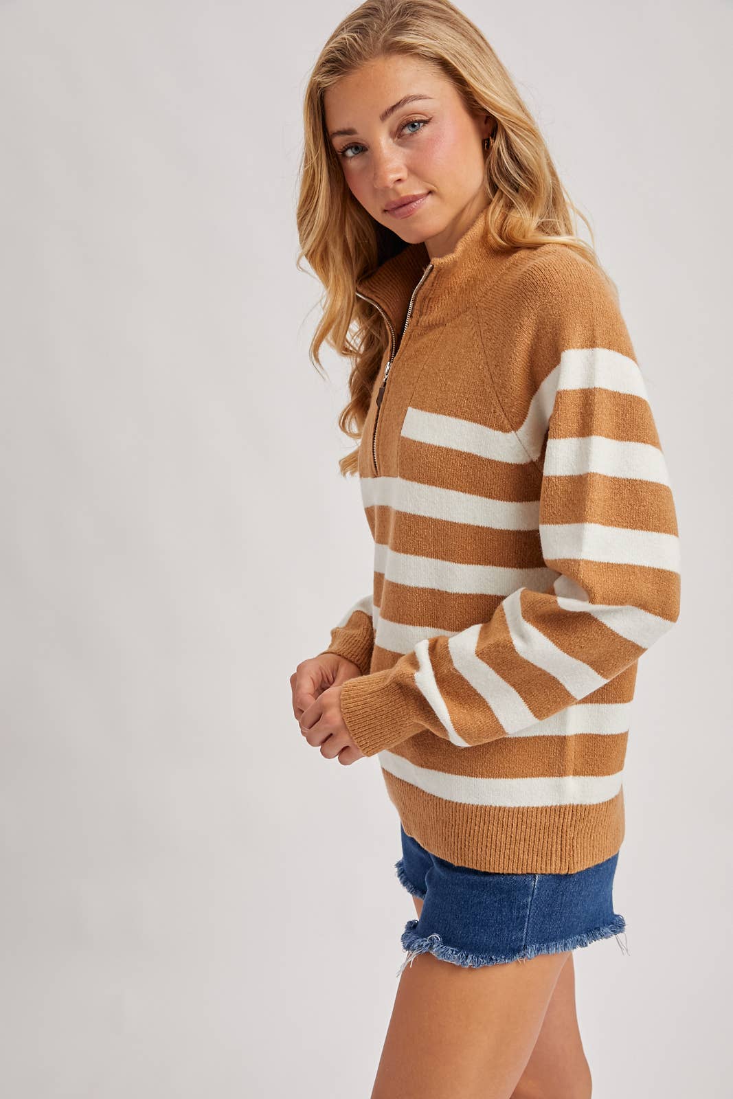 Camel Striped Half Zip Sweater
