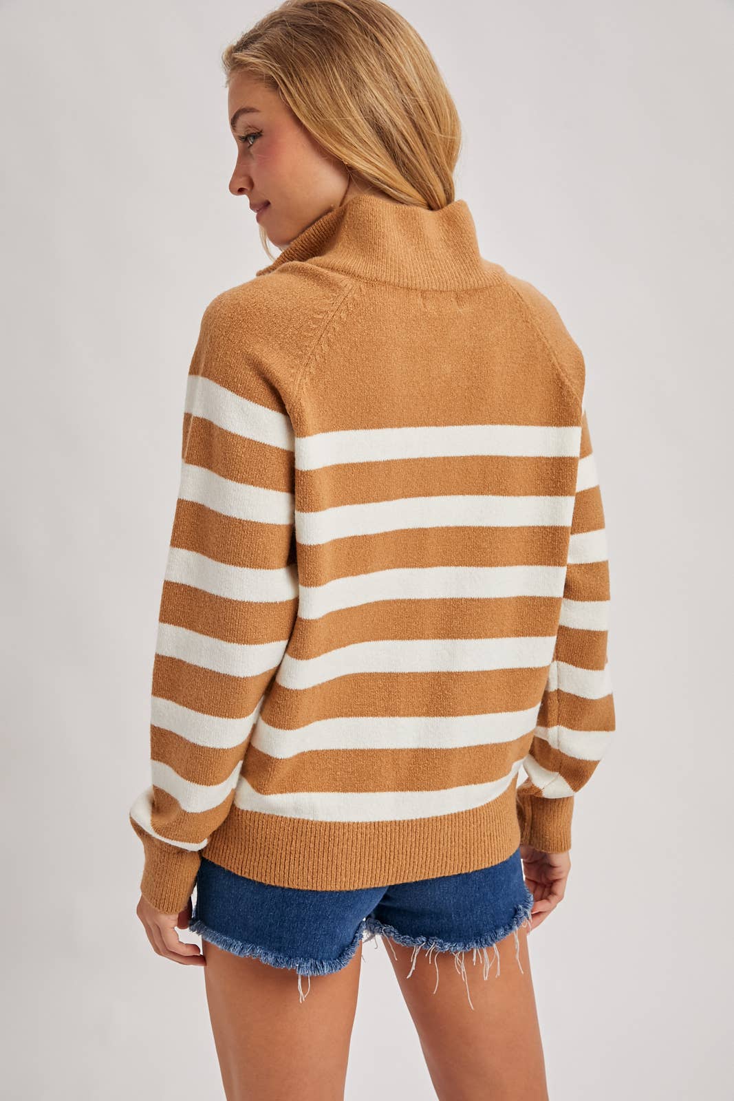 Camel Striped Half Zip Sweater
