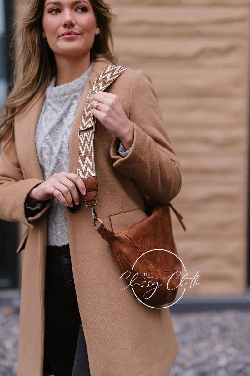 The Classy Cloth WS Purse Camila Crescent Moon Bag w/ Tan White Aztec Strap