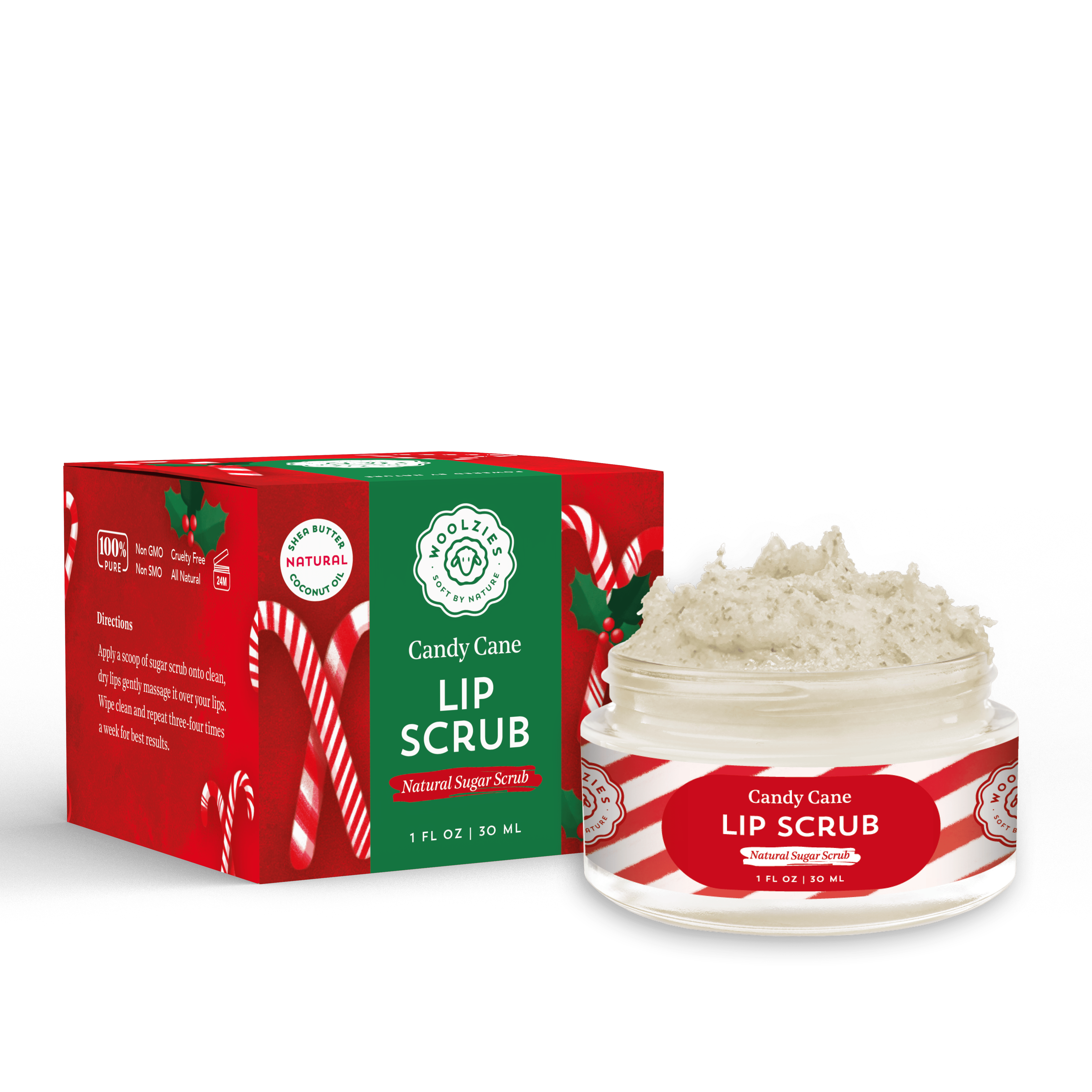 Woolzies Candy Cane Sugar Lip Scrub | Shea & Cocoa Butter | 1 oz