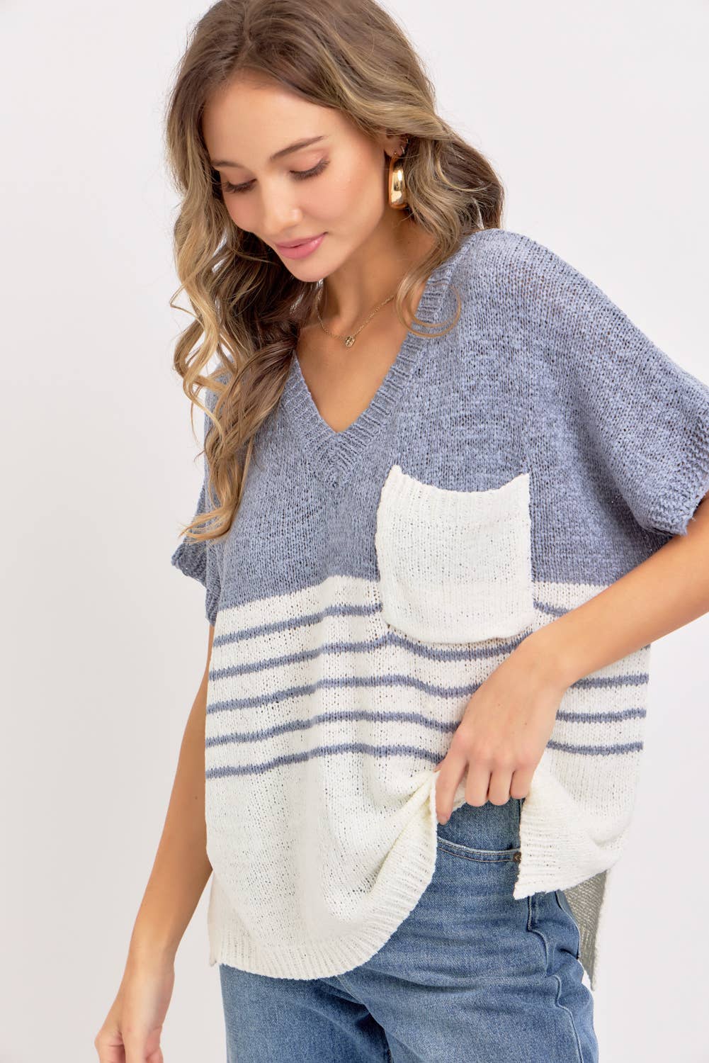 Sweet Lovely by Jen CASUAL OVERSIZED KNIT TOP: BLUE GREY / Contemporary / S/M
