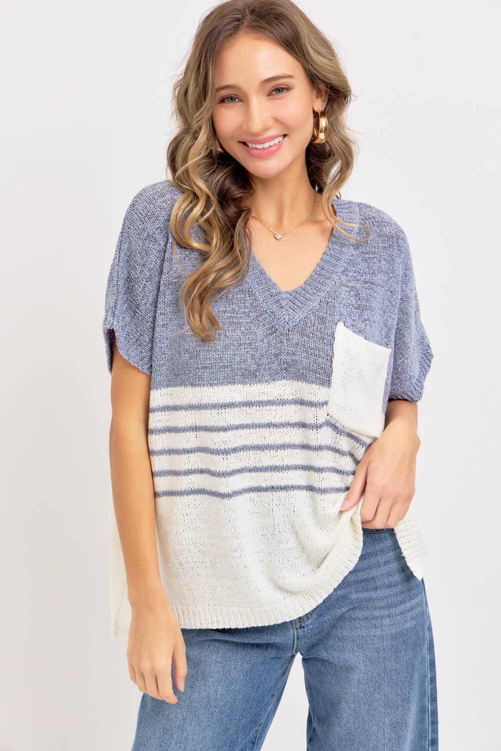Sweet Lovely by Jen CASUAL OVERSIZED KNIT TOP: BLUE GREY / Contemporary / S/M