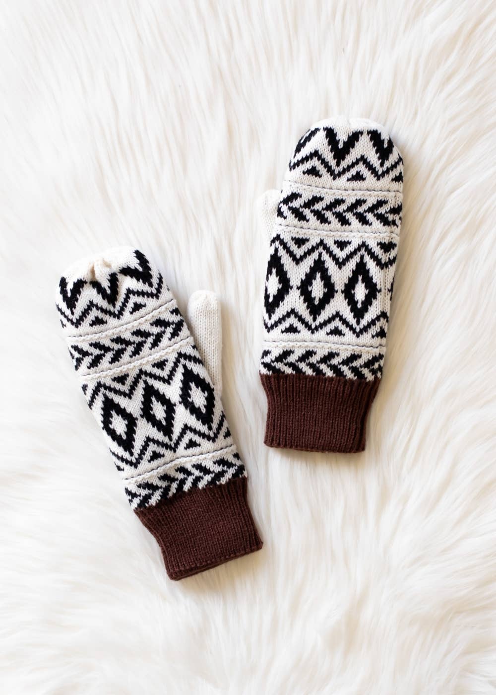 Ivory, Black & Gray Patterned Mittens
