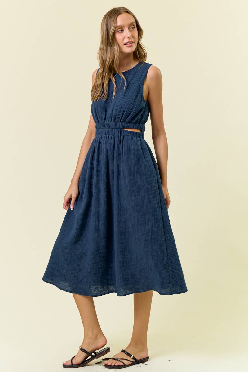CUT-OUT WAIST MIDI DRESS W/ SIDE POCKET - 27920D: CORAL / L