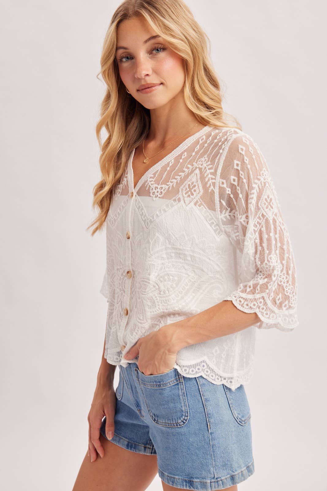 Sheer Embroidered Mesh Scalloped Hem Blouse