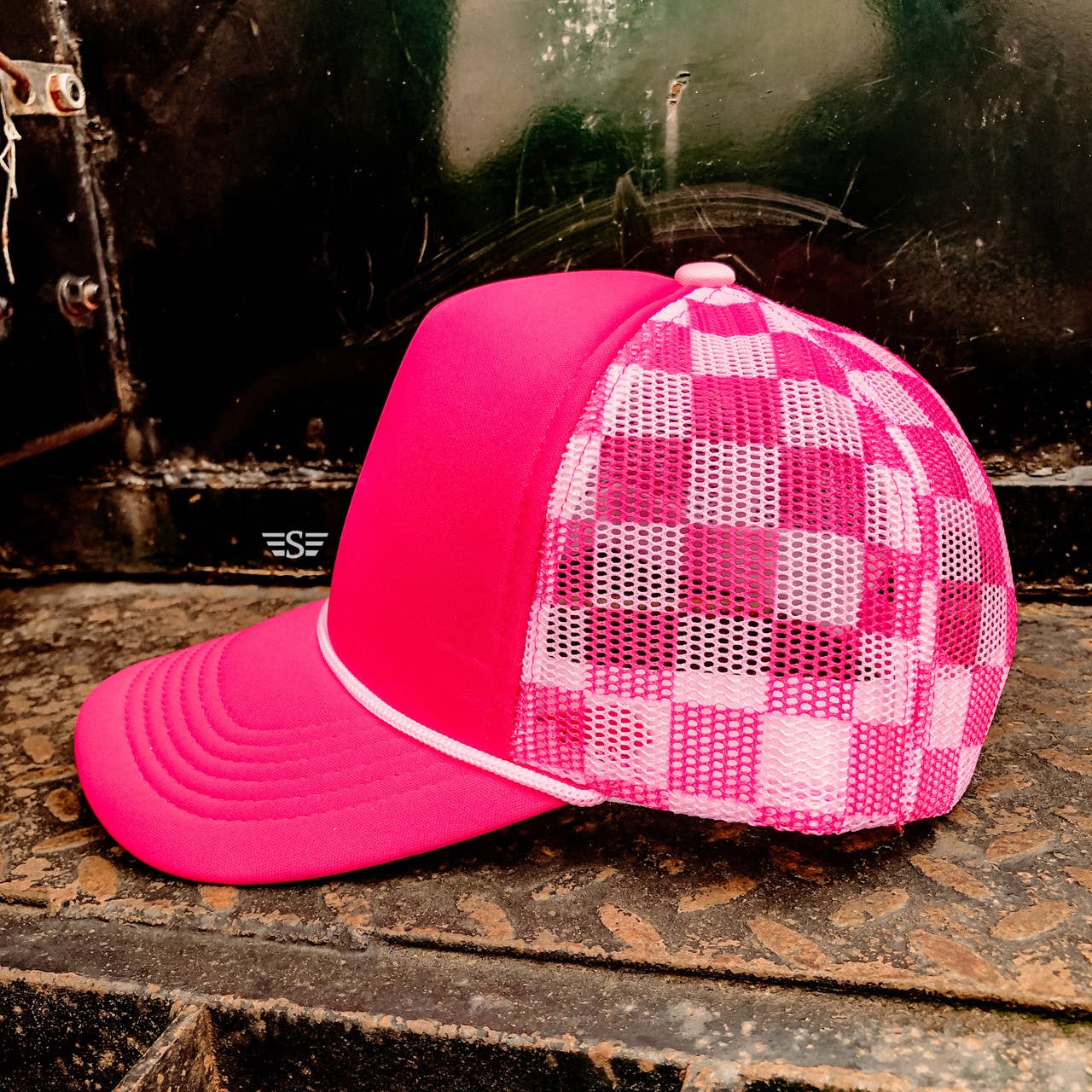Checkered Mesh Back Cap: Columbia Blue/ White