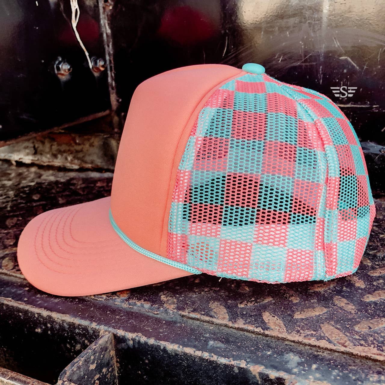 Checkered Mesh Back Cap: Columbia Blue/ White