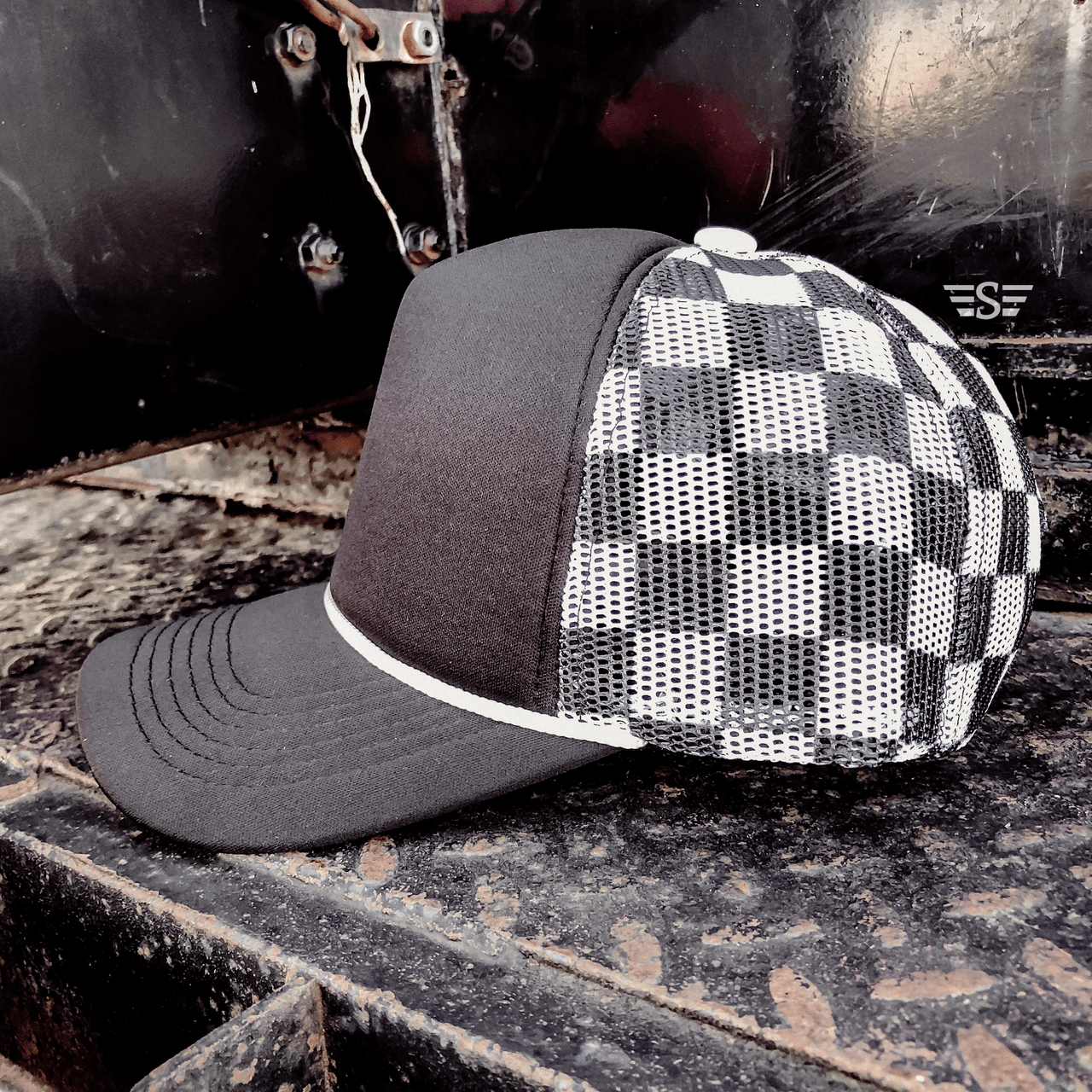 Flying S Company Checkered Mesh Back Cap: Cream/ Caramel