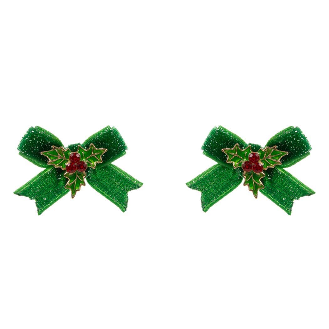 Fashion City earrings Green Christmas Holly Enamel with Velvet Bow Post Earrings