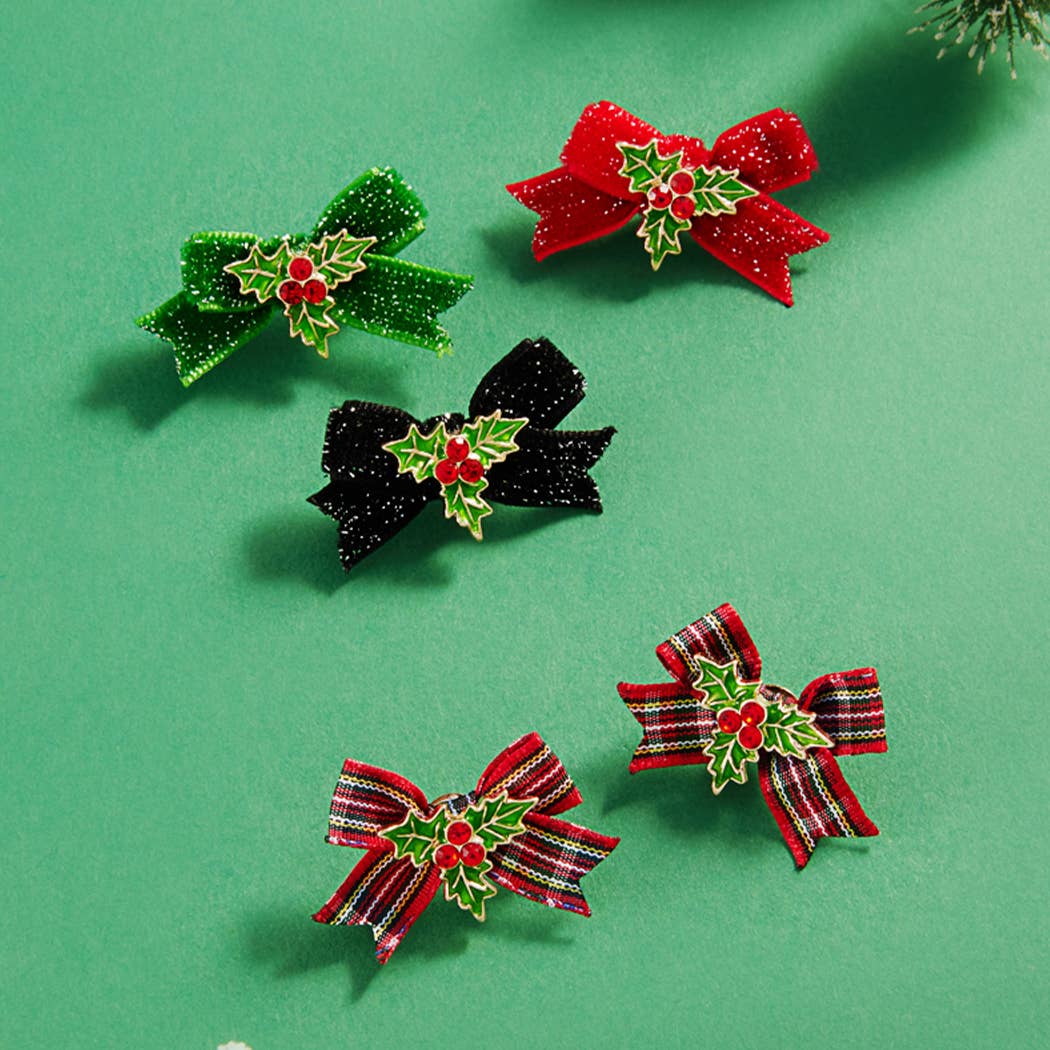 Christmas Holly Enamel with Velvet Bow Post Earrings