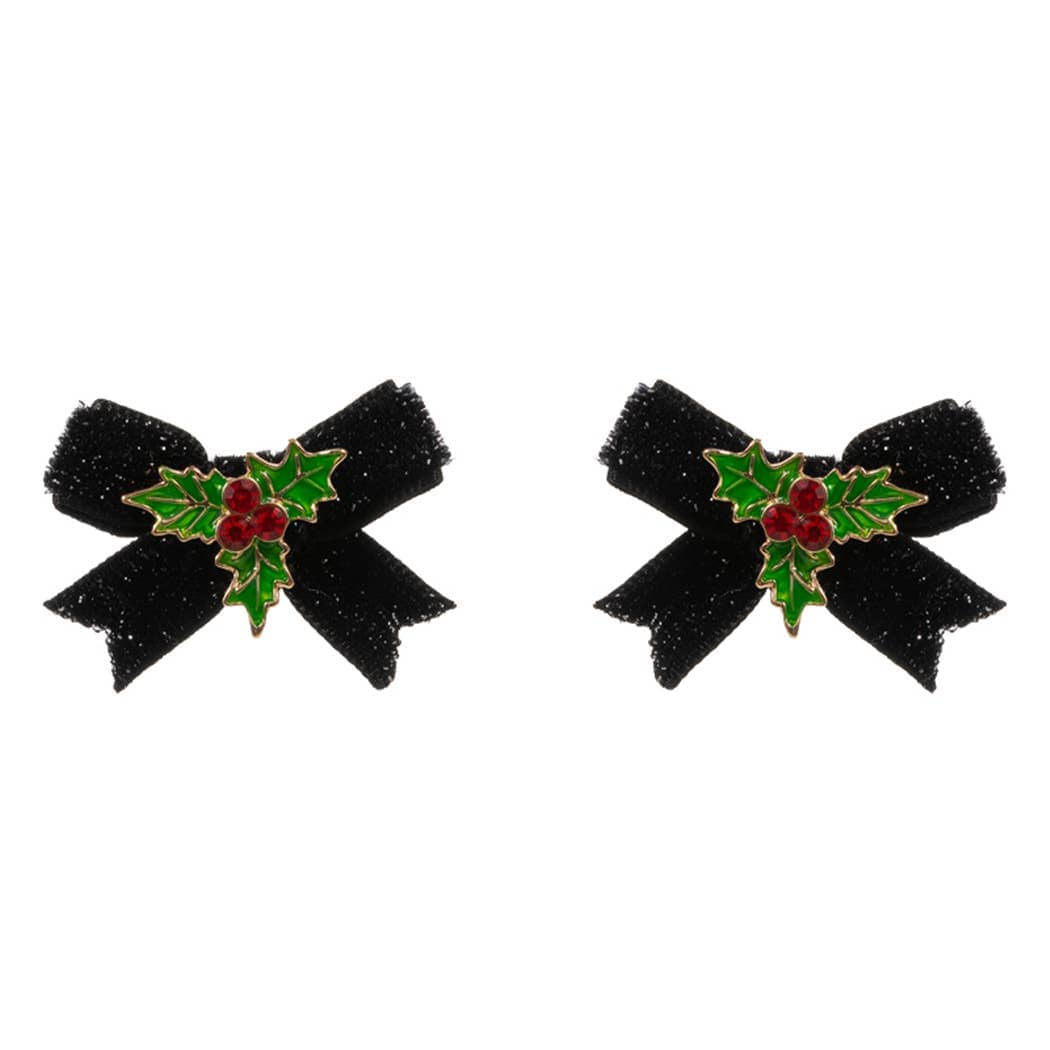 Christmas Holly Enamel with Velvet Bow Post Earrings