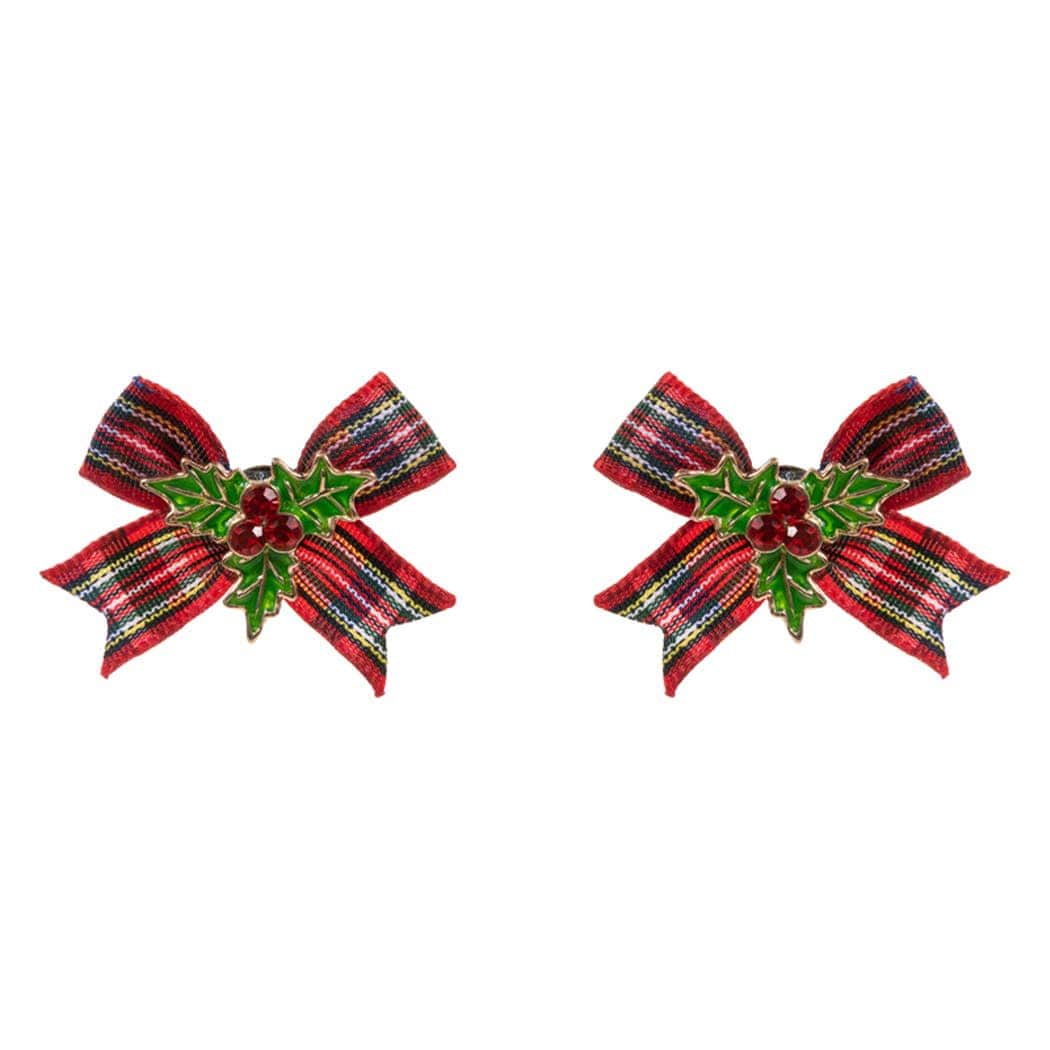 Christmas Holly Enamel with Velvet Bow Post Earrings