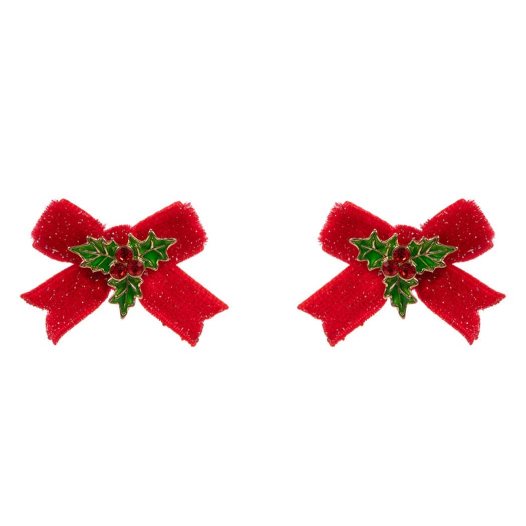 Fashion City earrings Green Christmas Holly Enamel with Velvet Bow Post Earrings