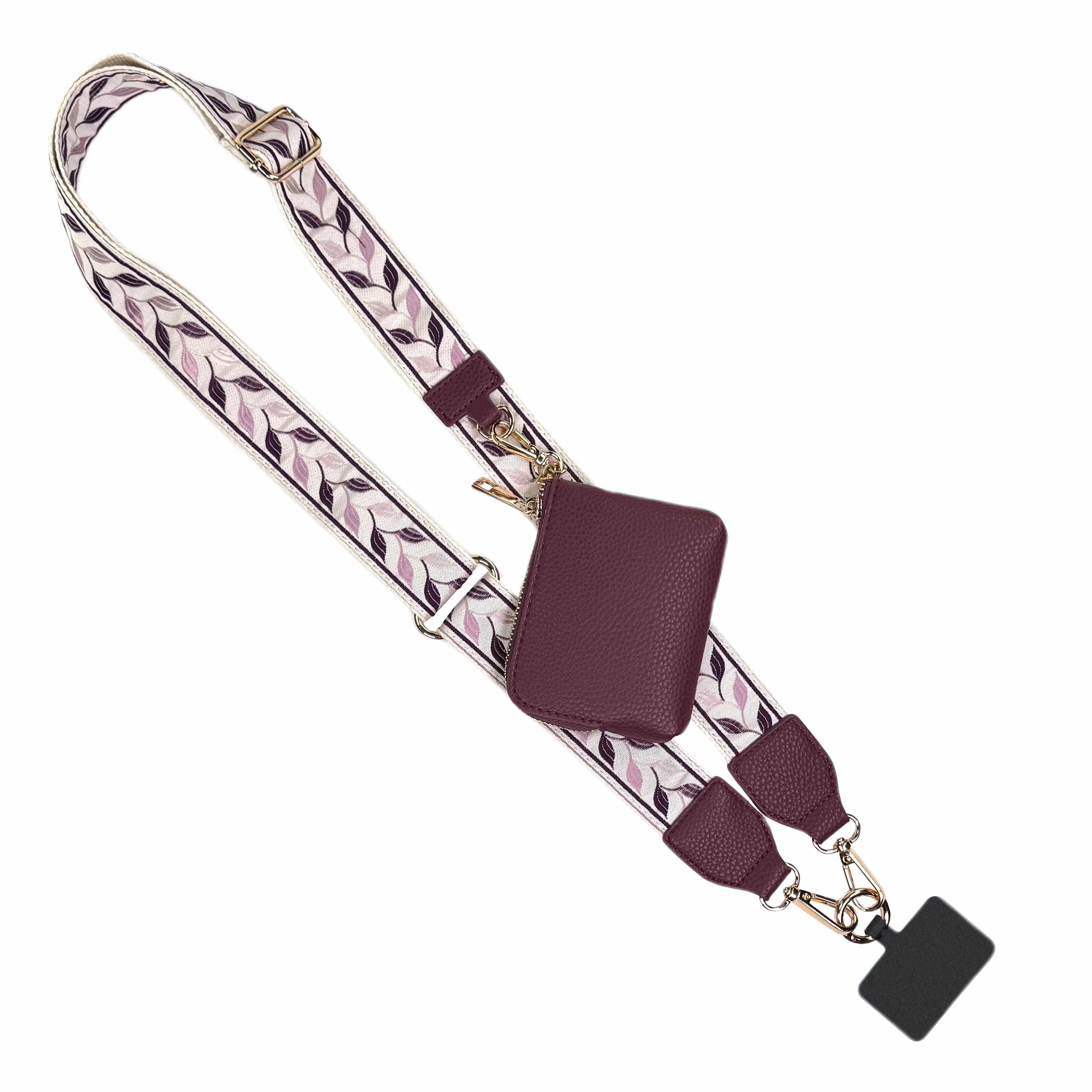 Save The Girls Crossbody Purse Maroon Clip & Go Leaf Pattern Strap w/RFID Pouch