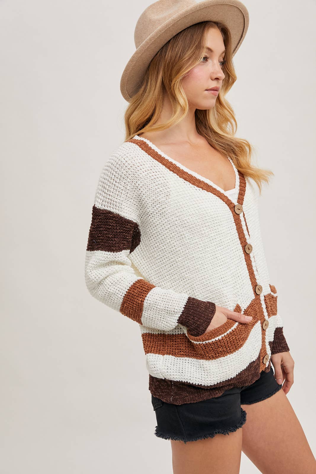 Color Block Button Down Knit Cardigan