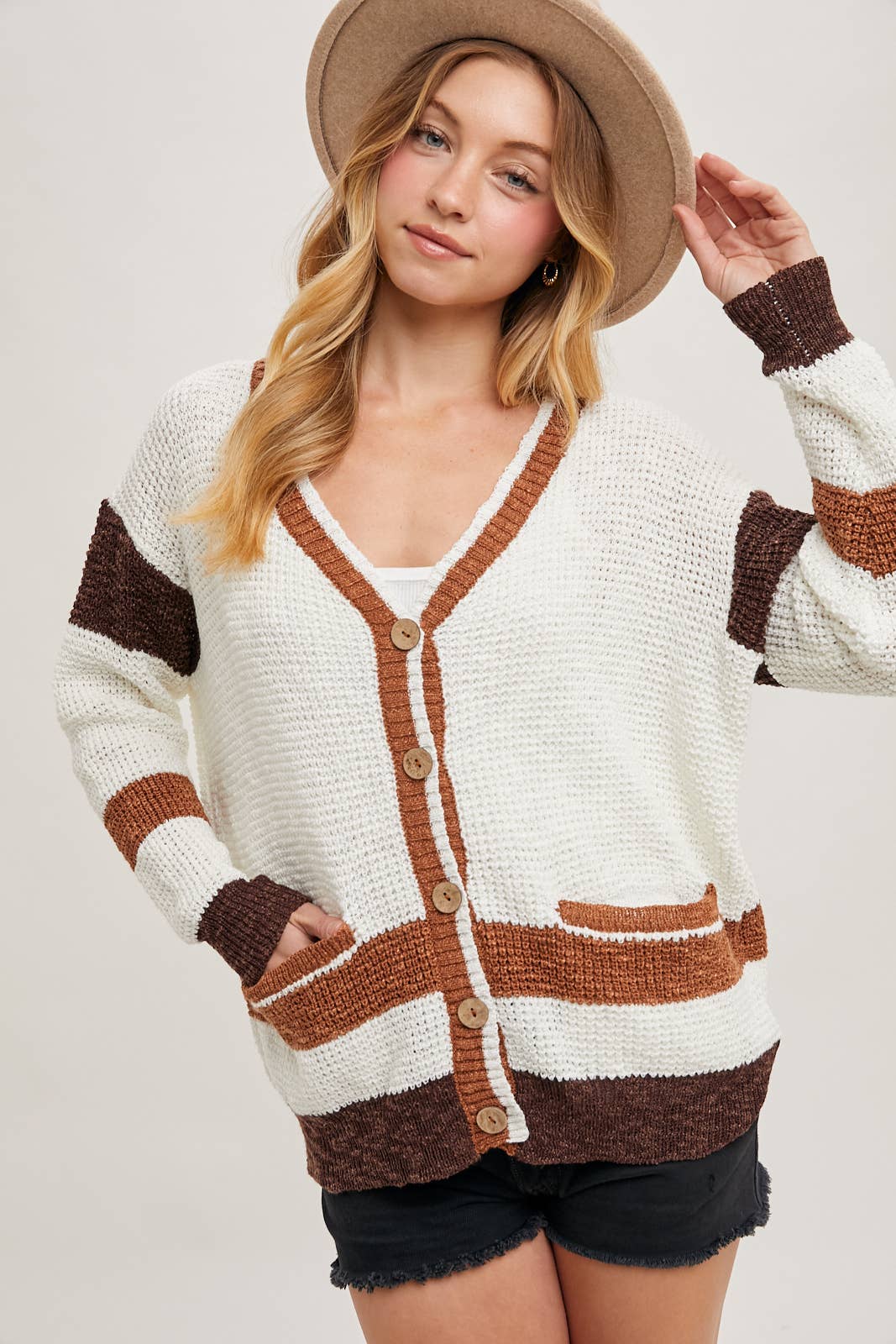 Color Block Button Down Knit Cardigan