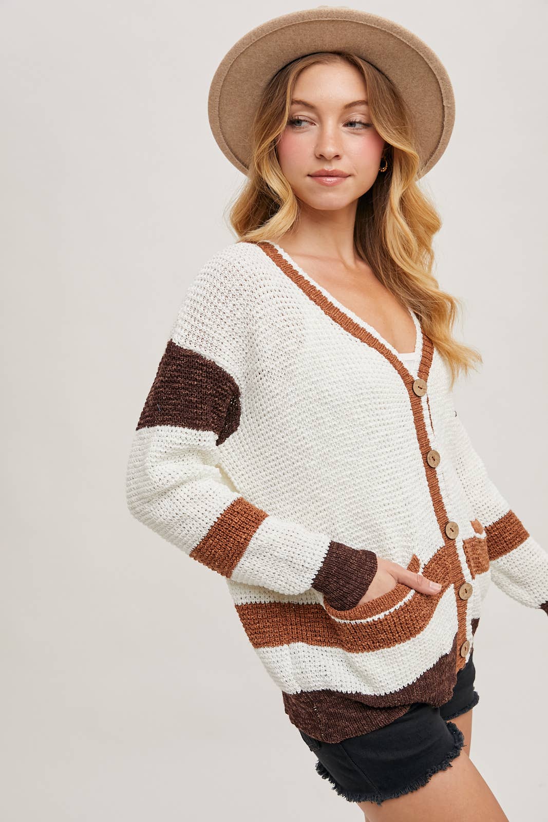 Color Block Button Down Knit Cardigan