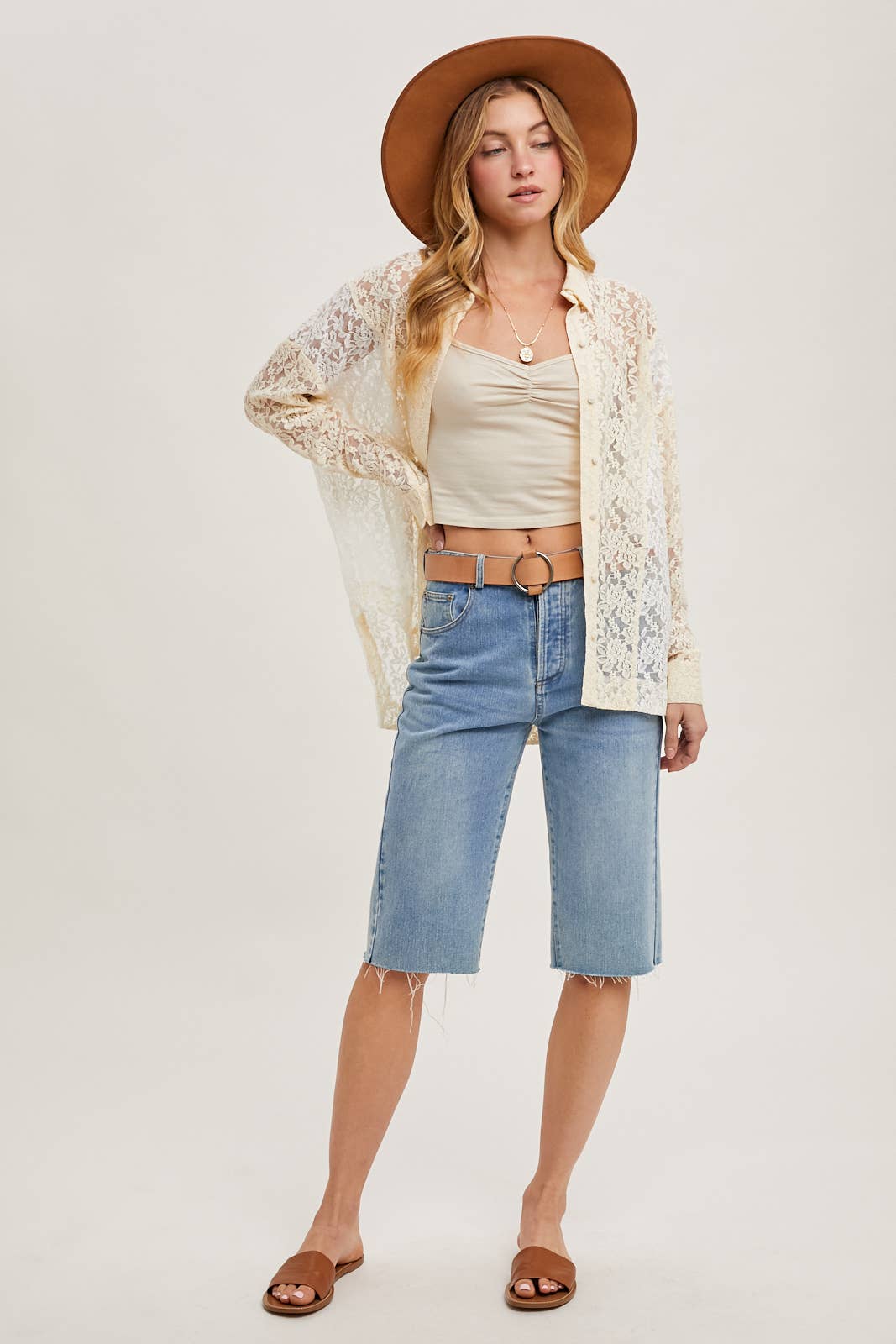 Bluivy COLOR BLOCK LACE BUTTON DOWN SHIRT: VANILLA COMBO / S