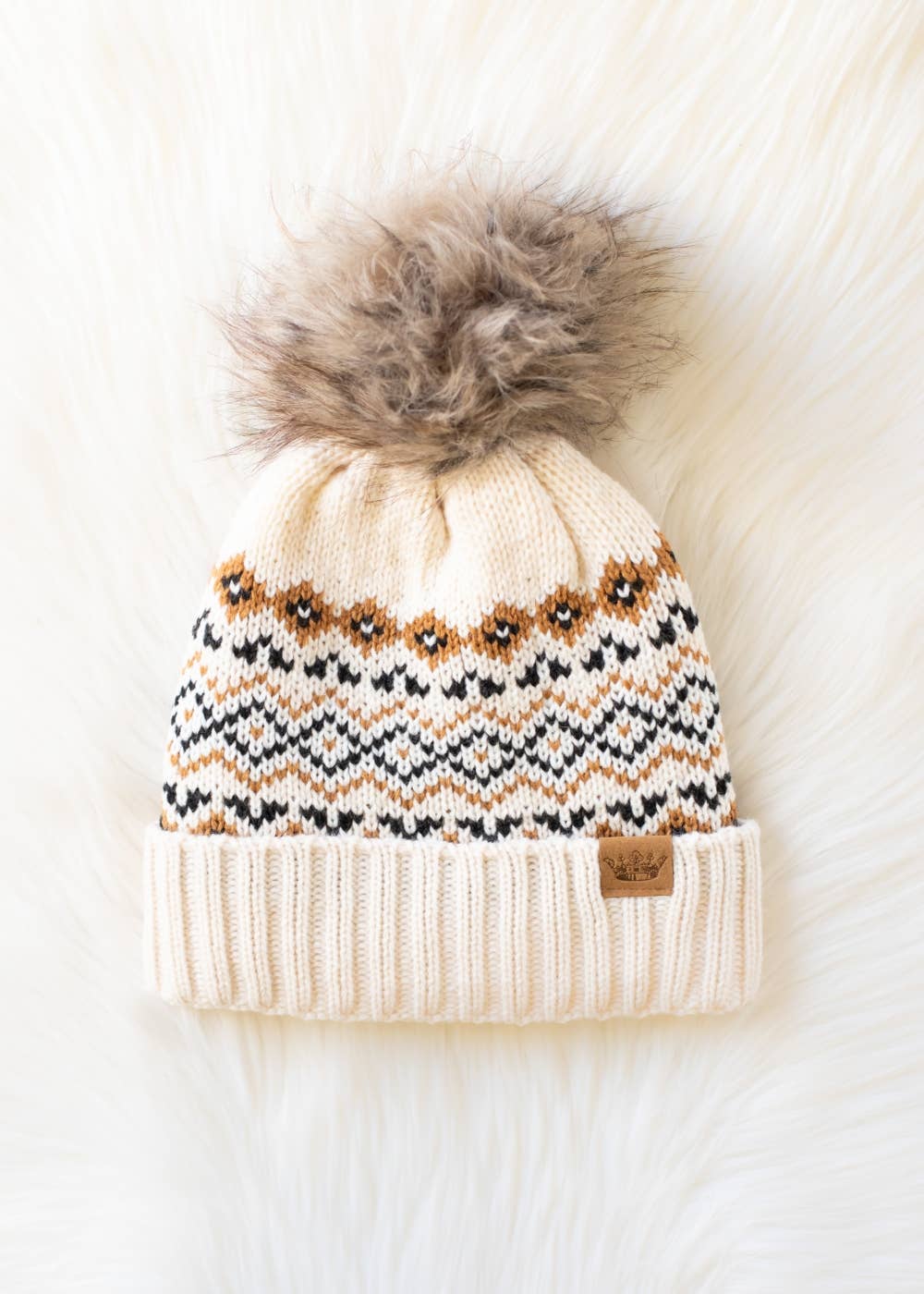 Panache Apparel Co. Beanie Cream, Black & Camel Patterned Pom Hat