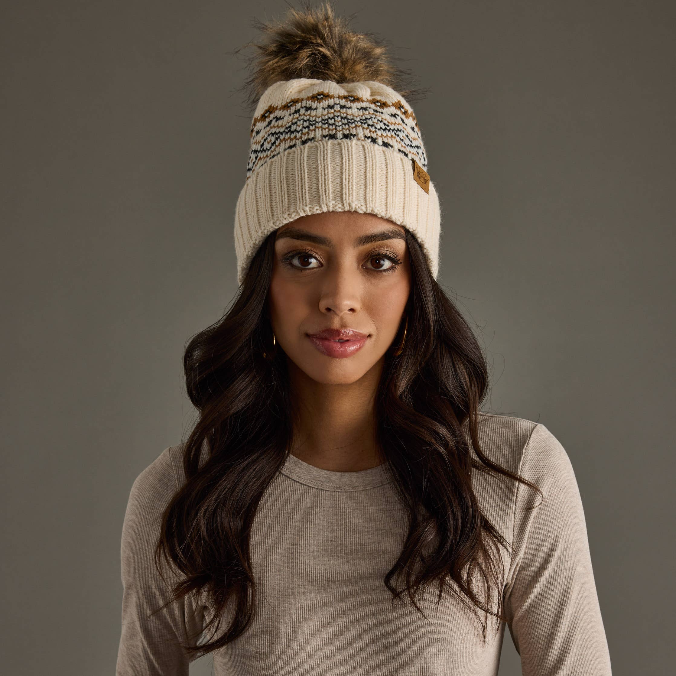 Panache Apparel Co. Beanie Cream, Black & Camel Patterned Pom Hat