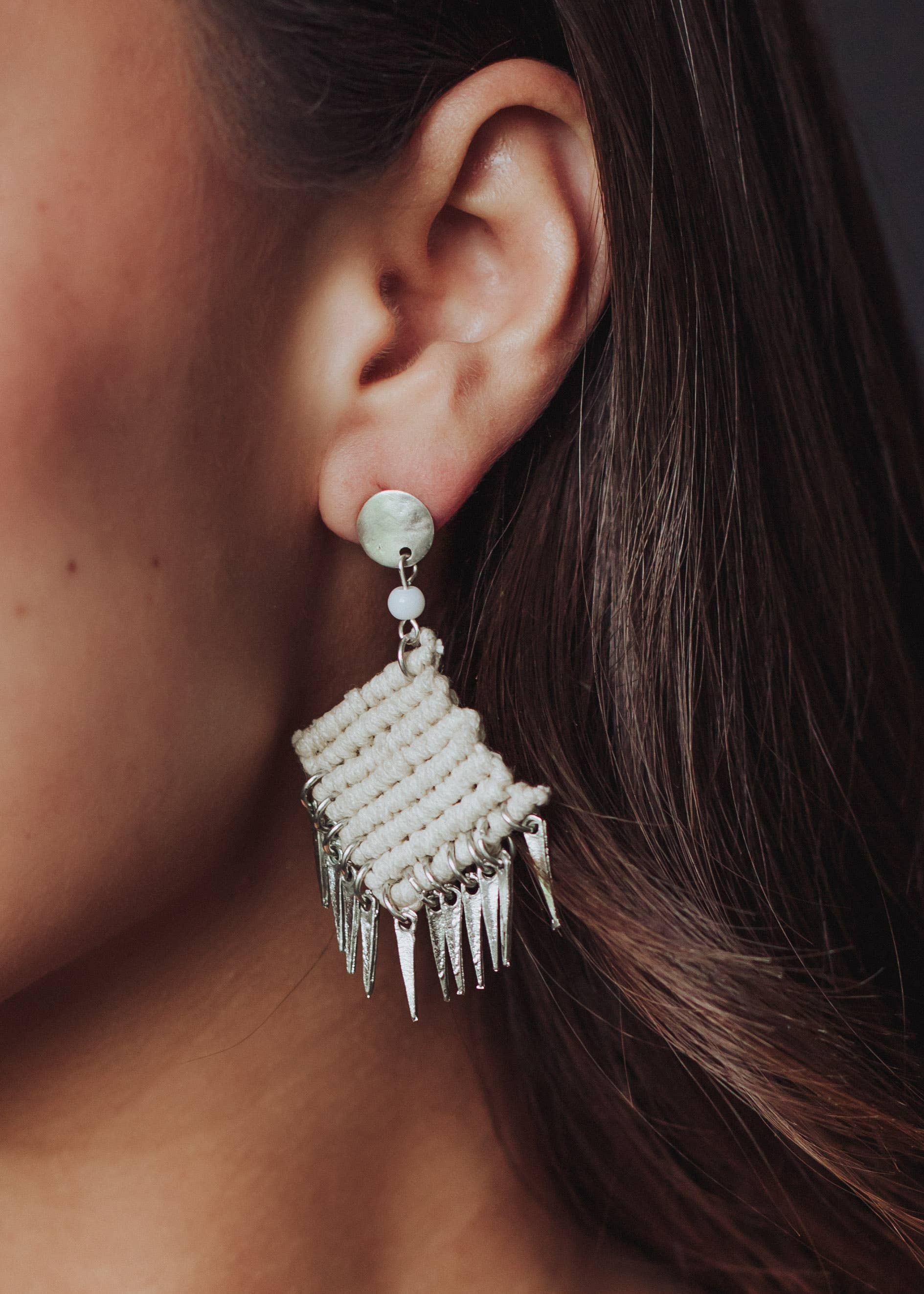 Cream & Silver Crochet Earrings