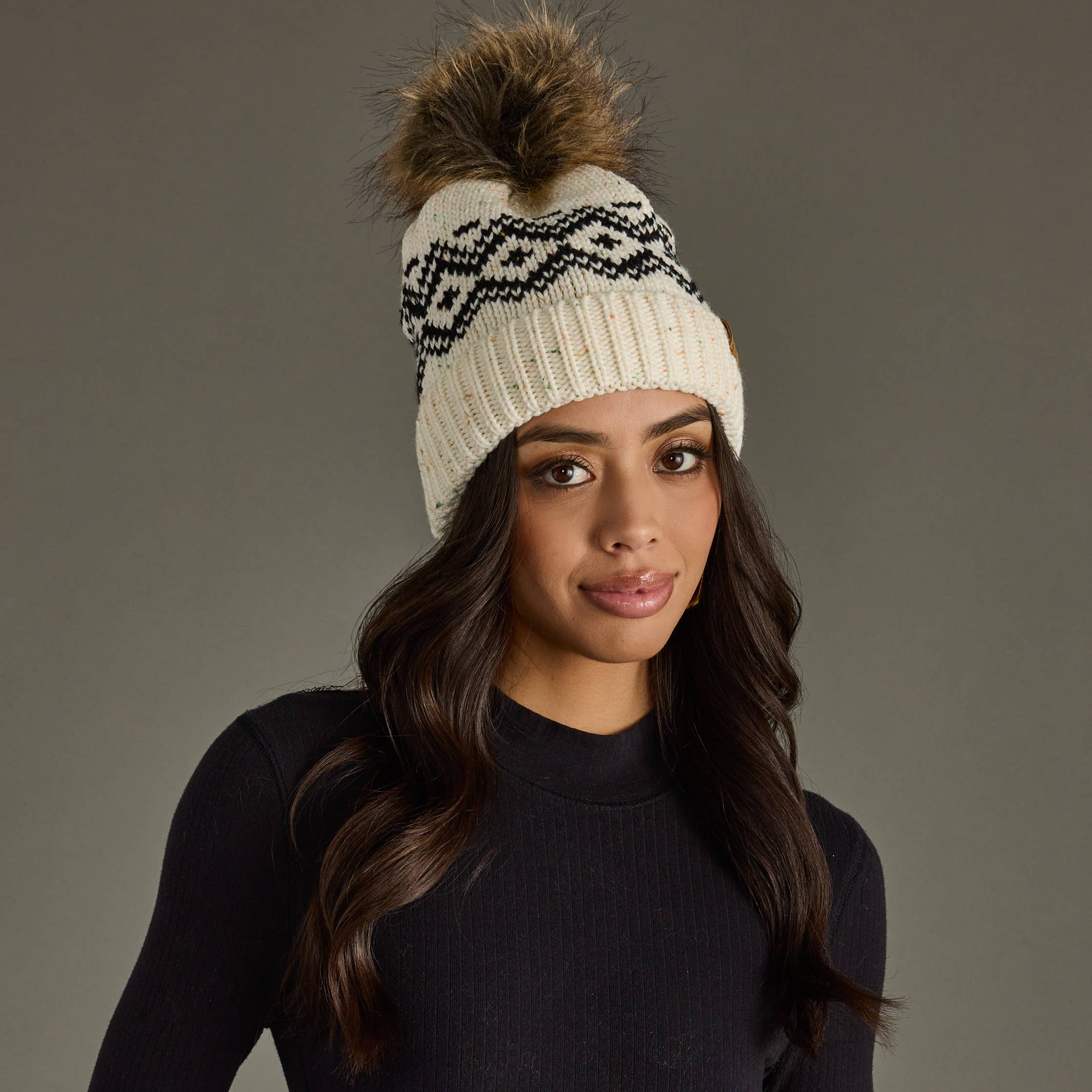 Panache Apparel Co. Beanie Cream & Speckled Pattern Pom Hat