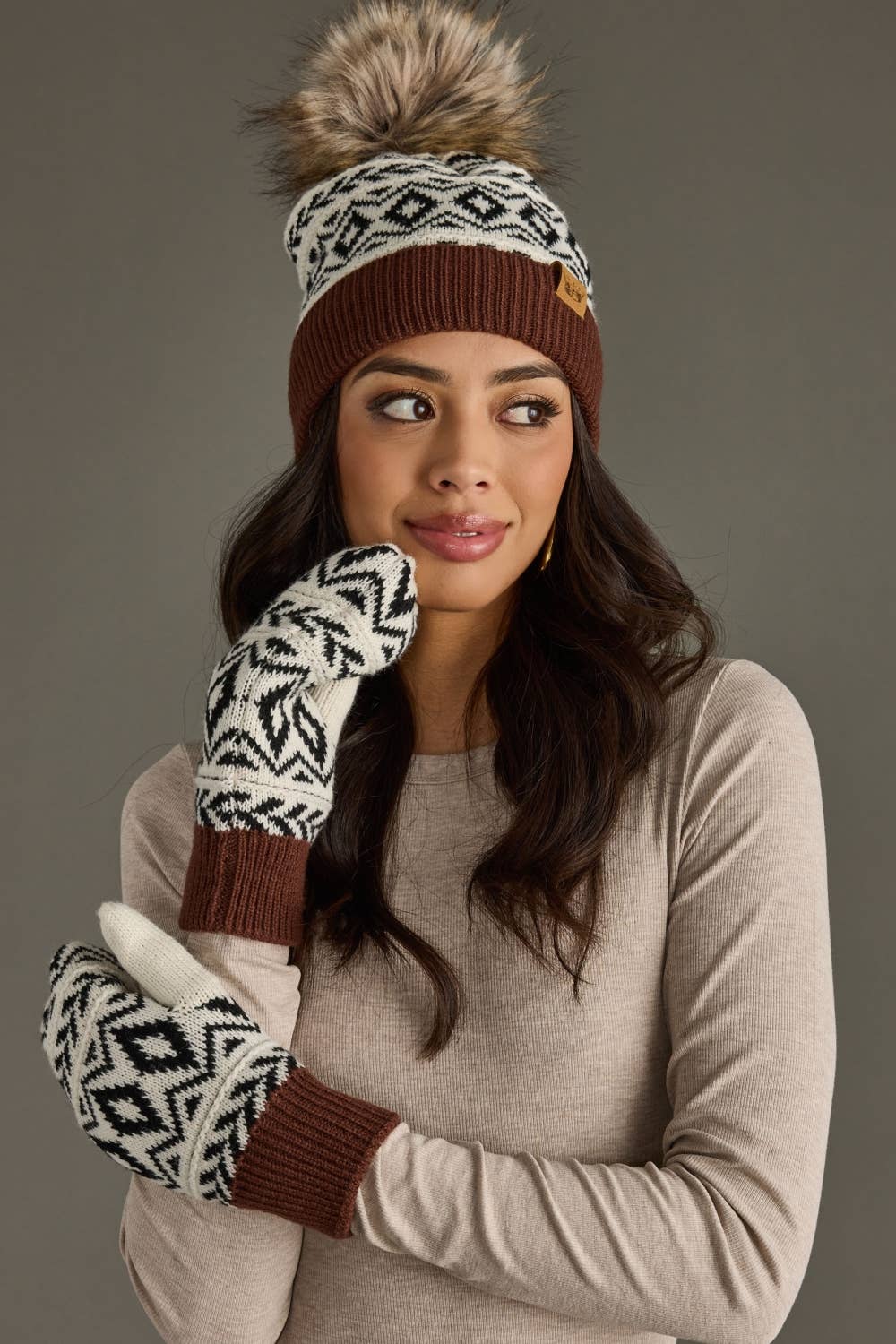 Ivory, Black & Brown Pattern Pom Hat