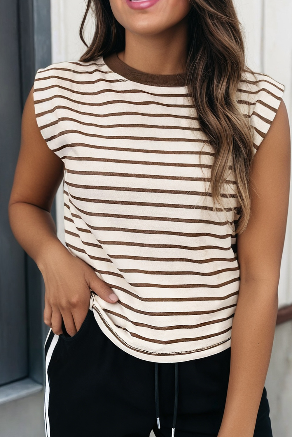 Stripe Ribbed Round Neck Loose Tank Top