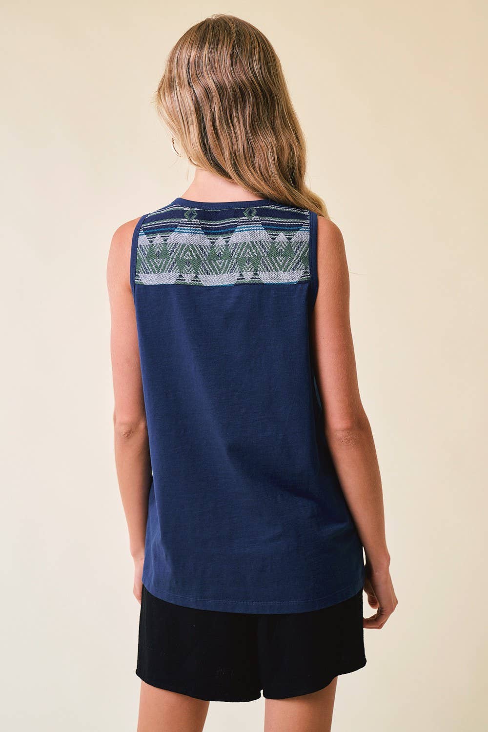 Blue Jacquard Yoke Button Tank