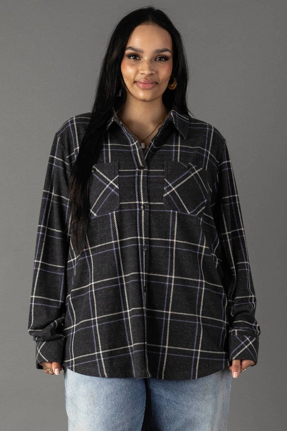 Dark Gray, Blue & White Plaid Button Up