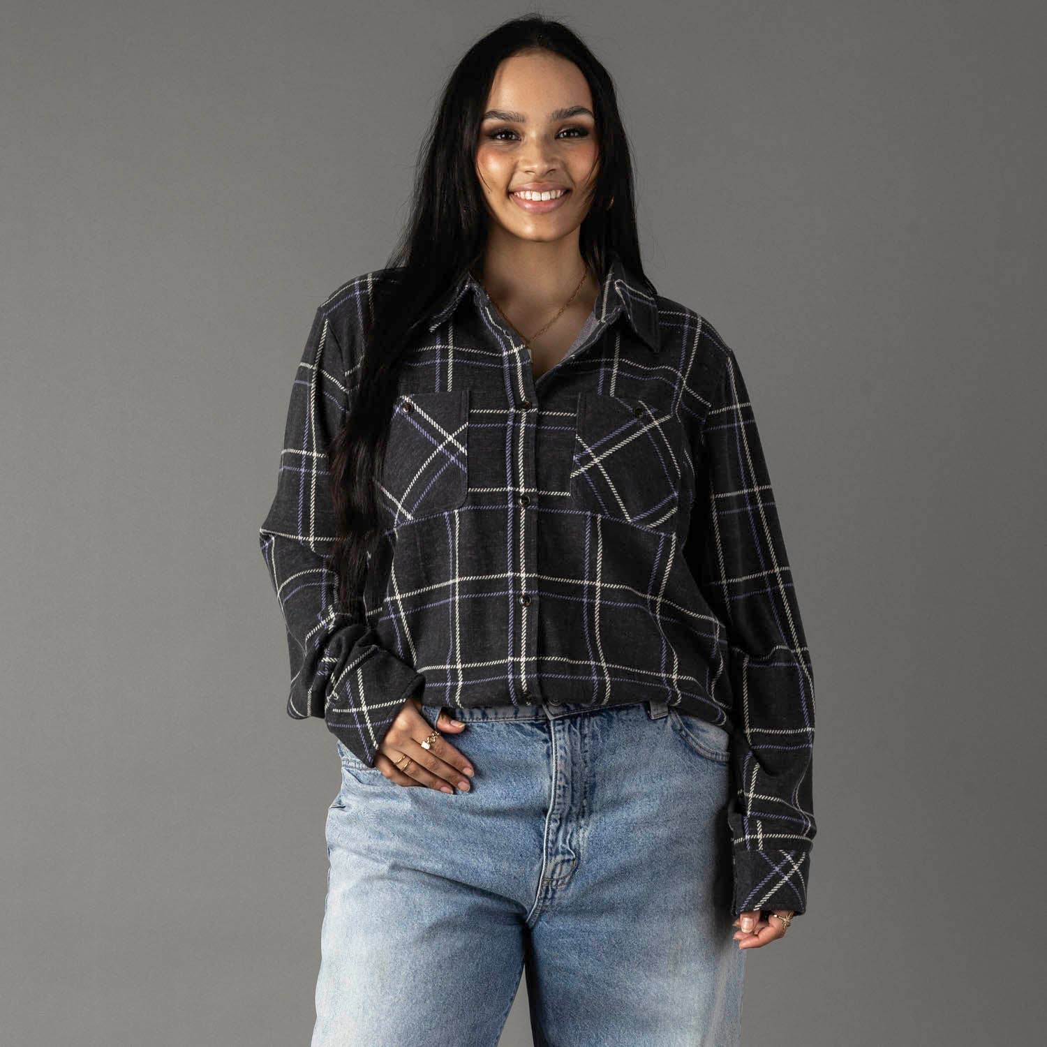 Dark Gray, Blue & White Plaid Button Up