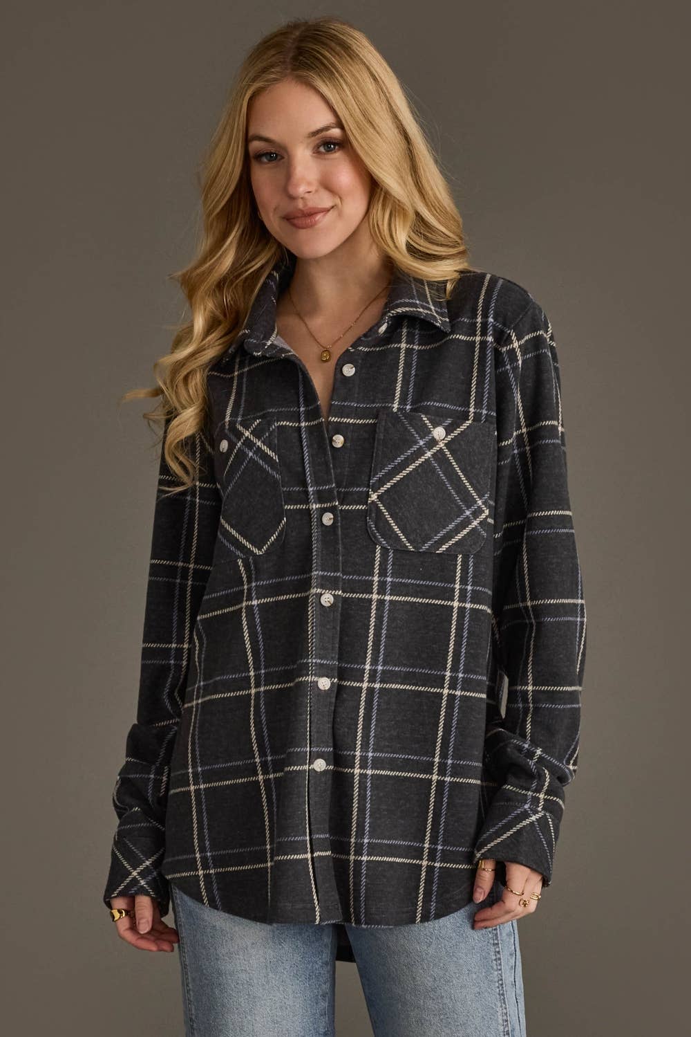Dark Gray, Blue & White Plaid Button Up