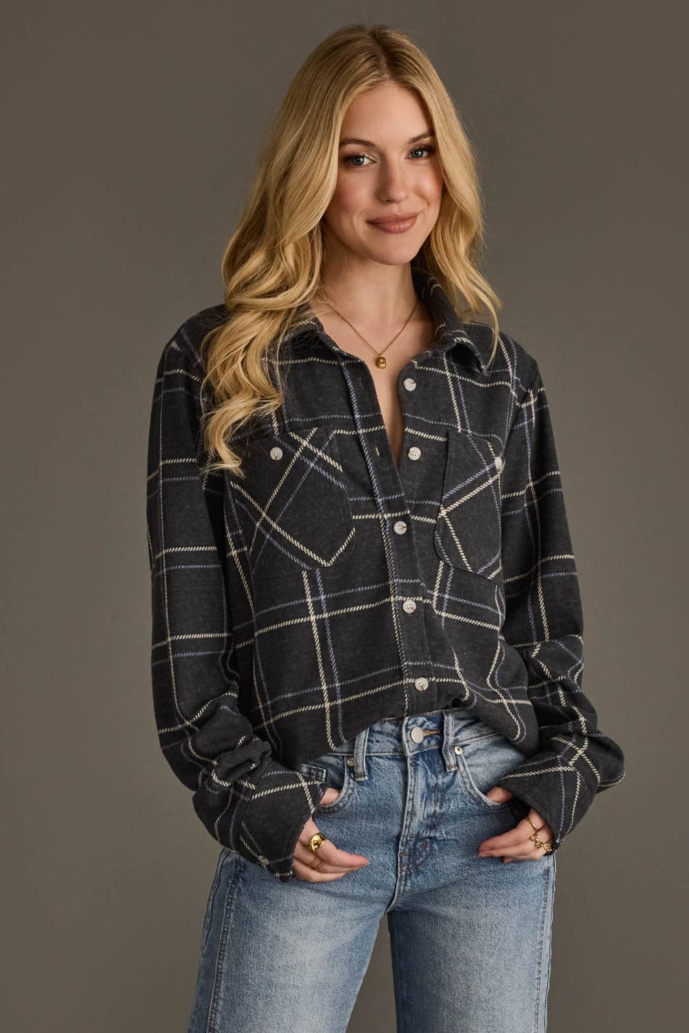 Dark Gray, Blue & White Plaid Button Up