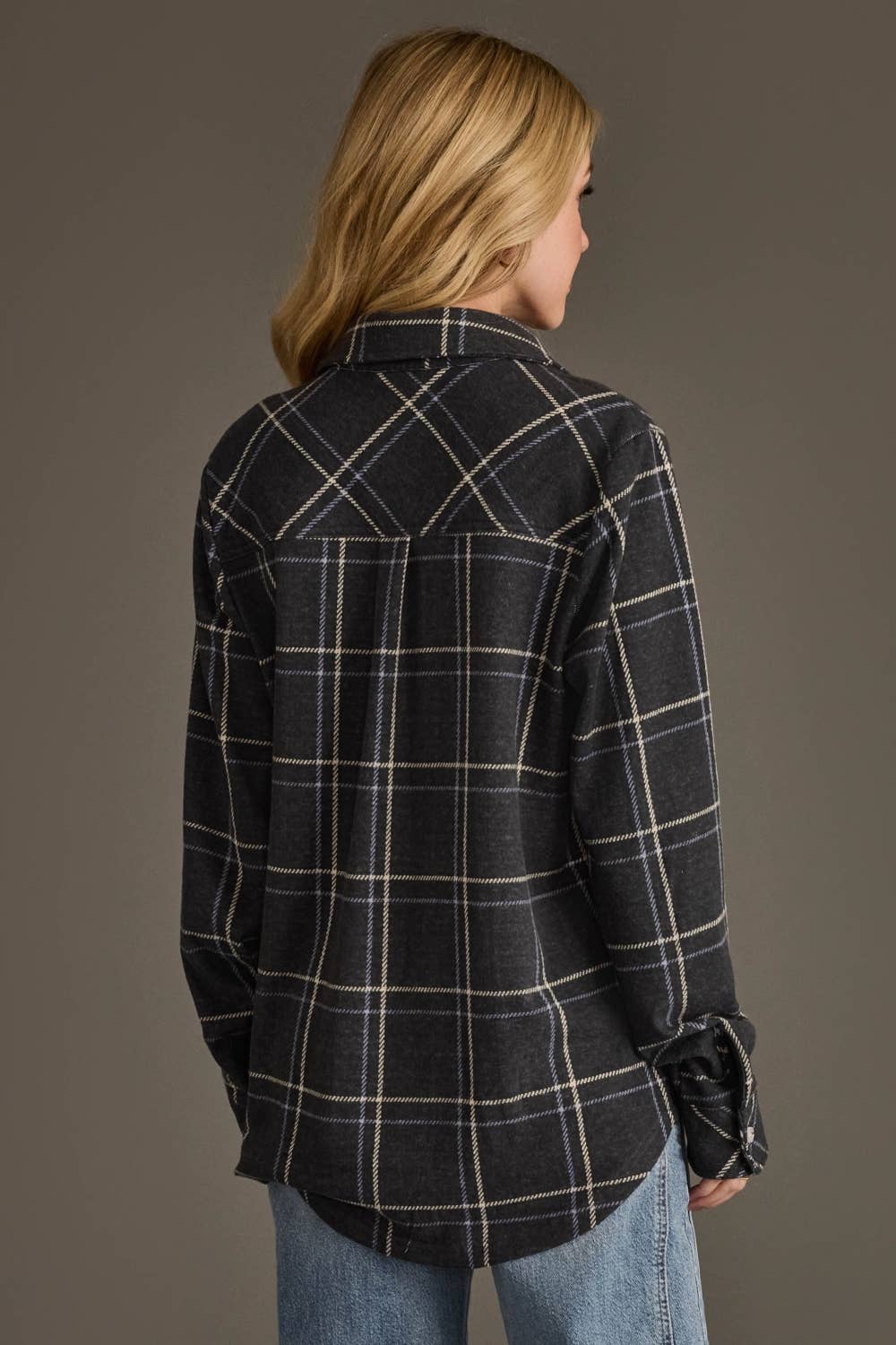 Dark Gray, Blue & White Plaid Button Up