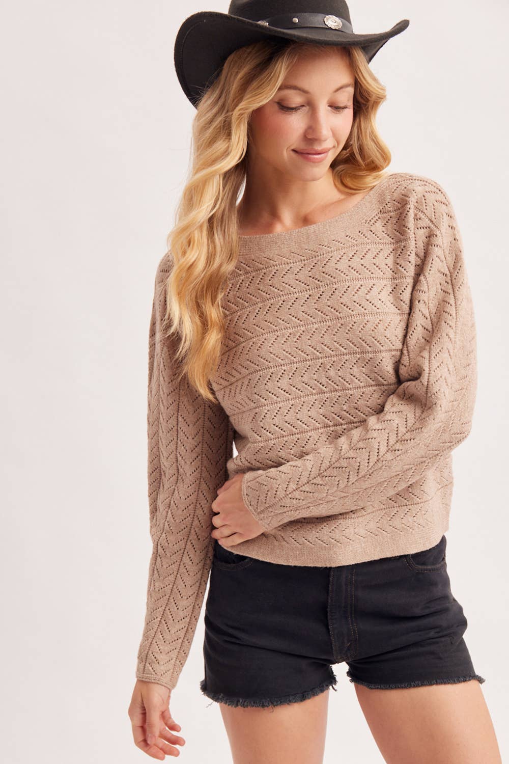 CHEVRON POINTELLE BOAT-NECK KNIT SWEATER PULLOVER: ECRU / M/L
