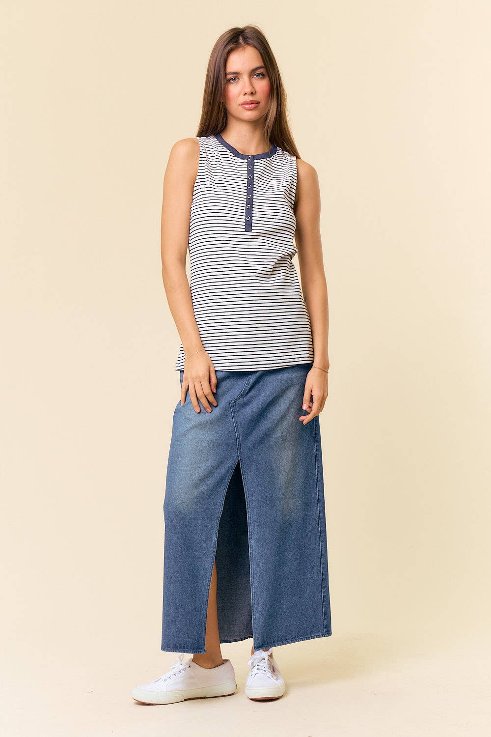 Striped Button up Tank Top - 41016T: White/Navy / S