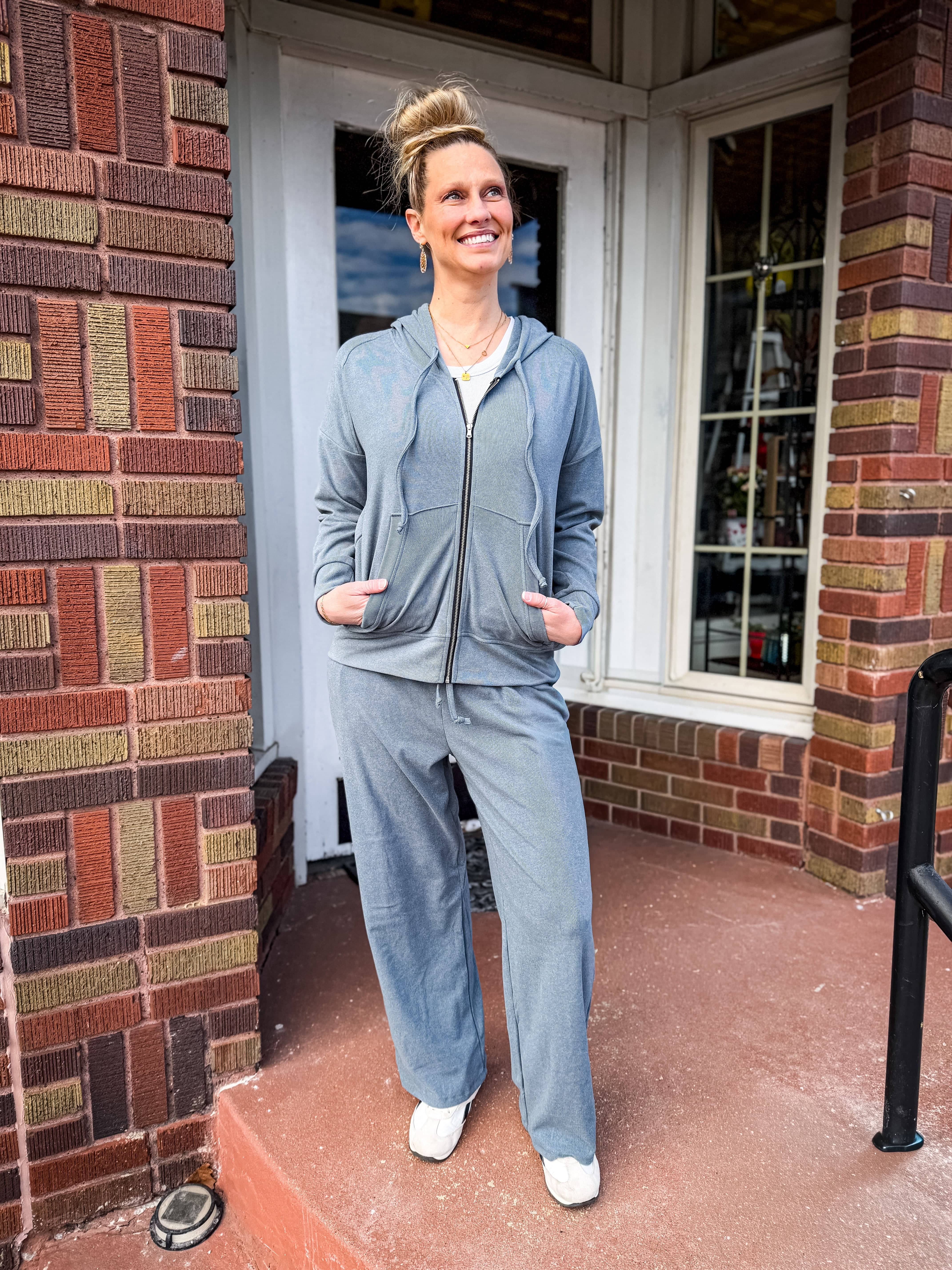 CoCo Carmen top Dusty Blue Weekend Brushed Long Sleeve Full Zip Hoodie