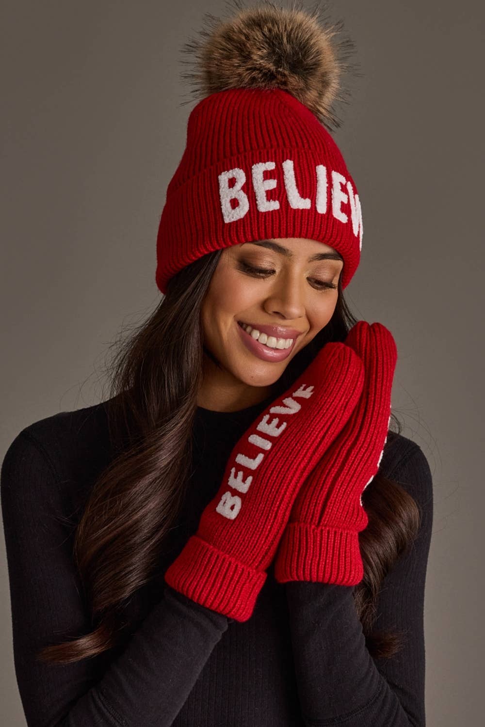 Red Believe Knit Pom Hat